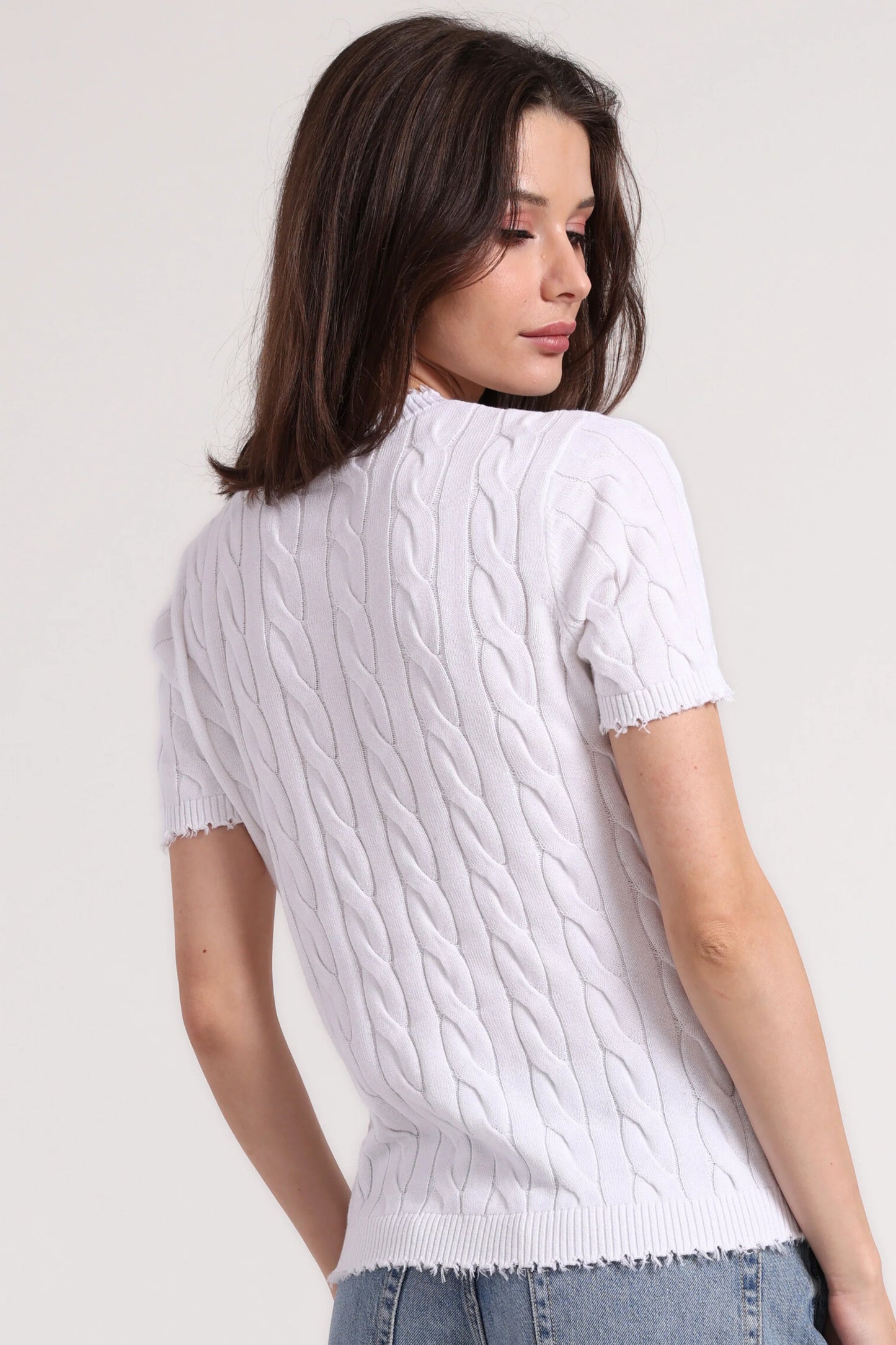 Cotton Frayed Cable Short Sleeve Tee with Pocket