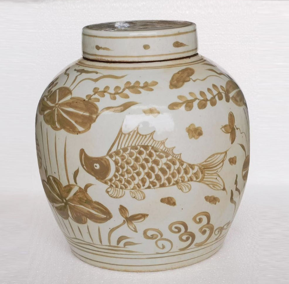 Moka & White Porcelain Jinger Jar Fish Motif