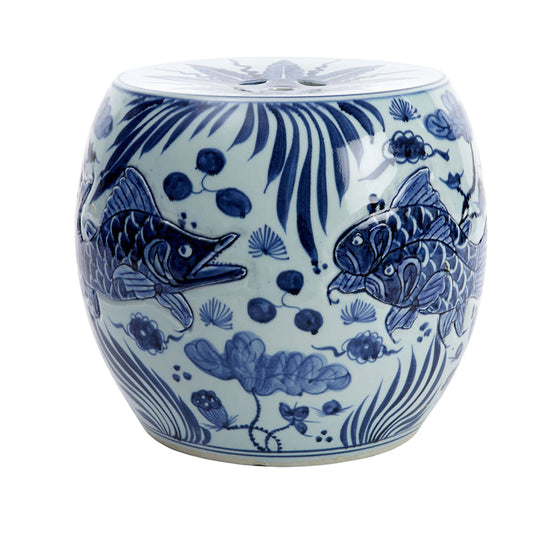 Blue & White Carved Fish Drum Stool