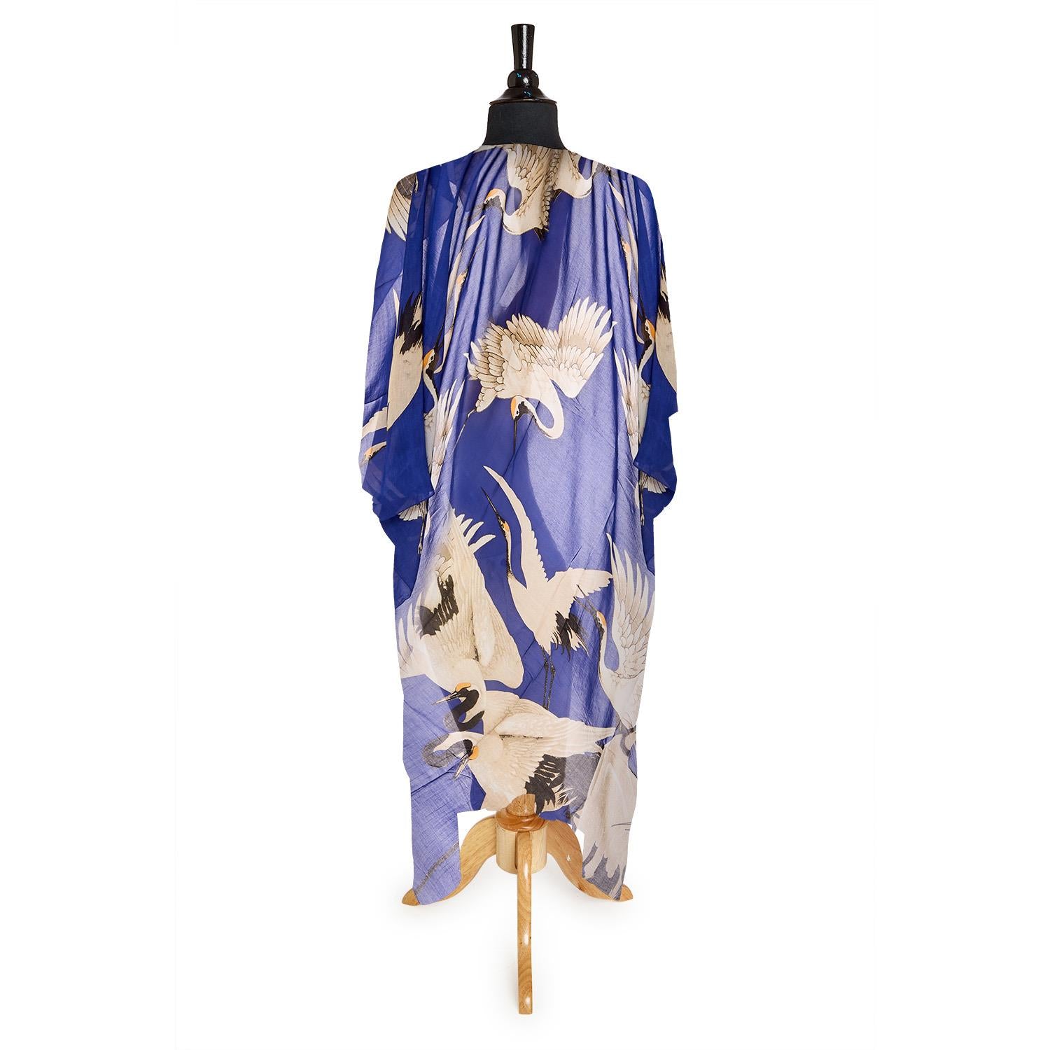 Heron Print Cobalt Long Kimono