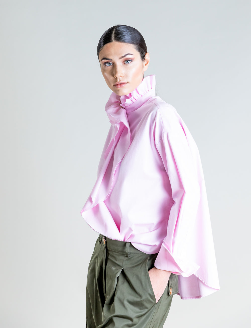 Psophia Structured High Low Ruffle Neck Shirt