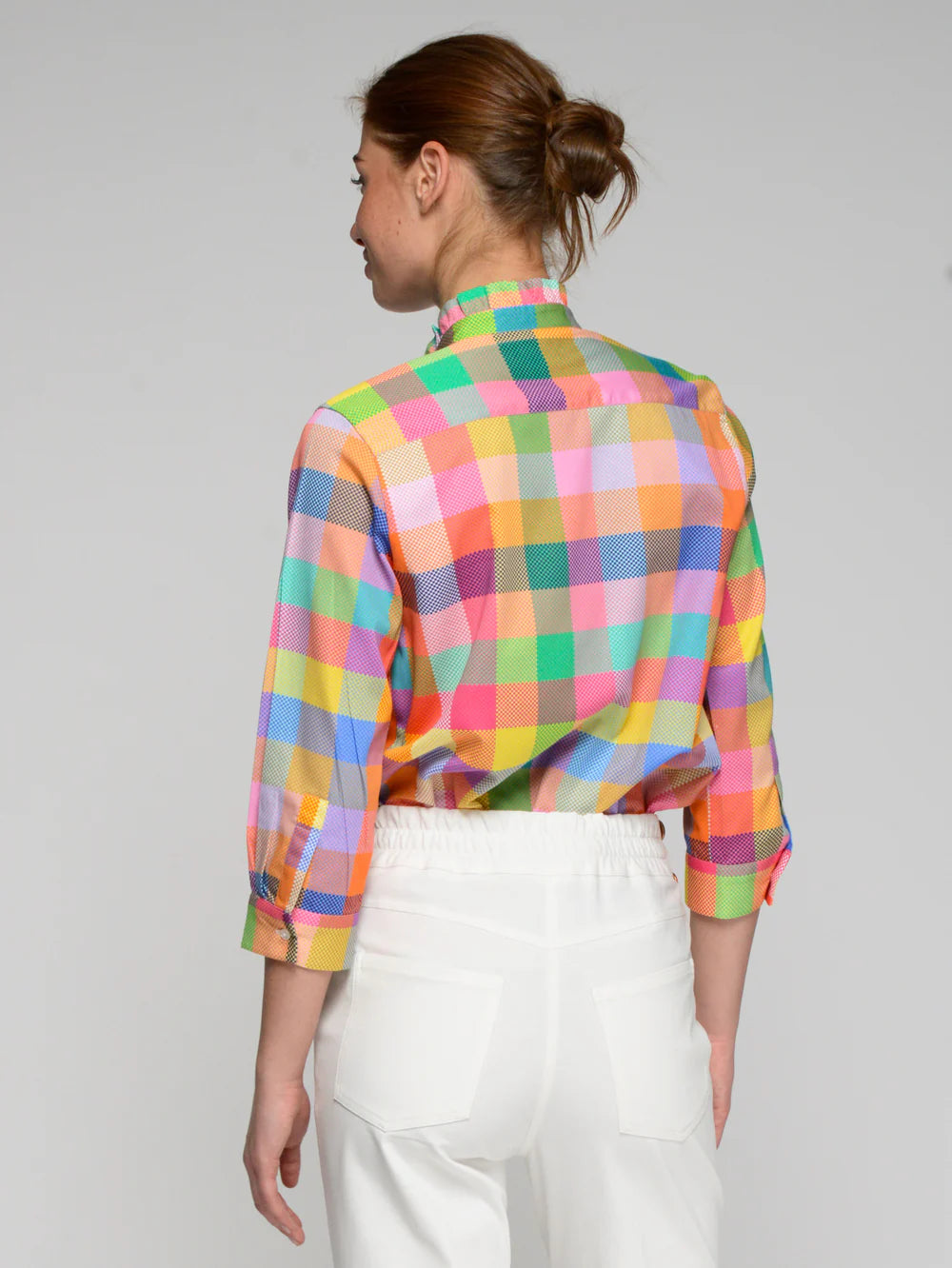 Multicolor Gingham Shirt with Ruffle Neck