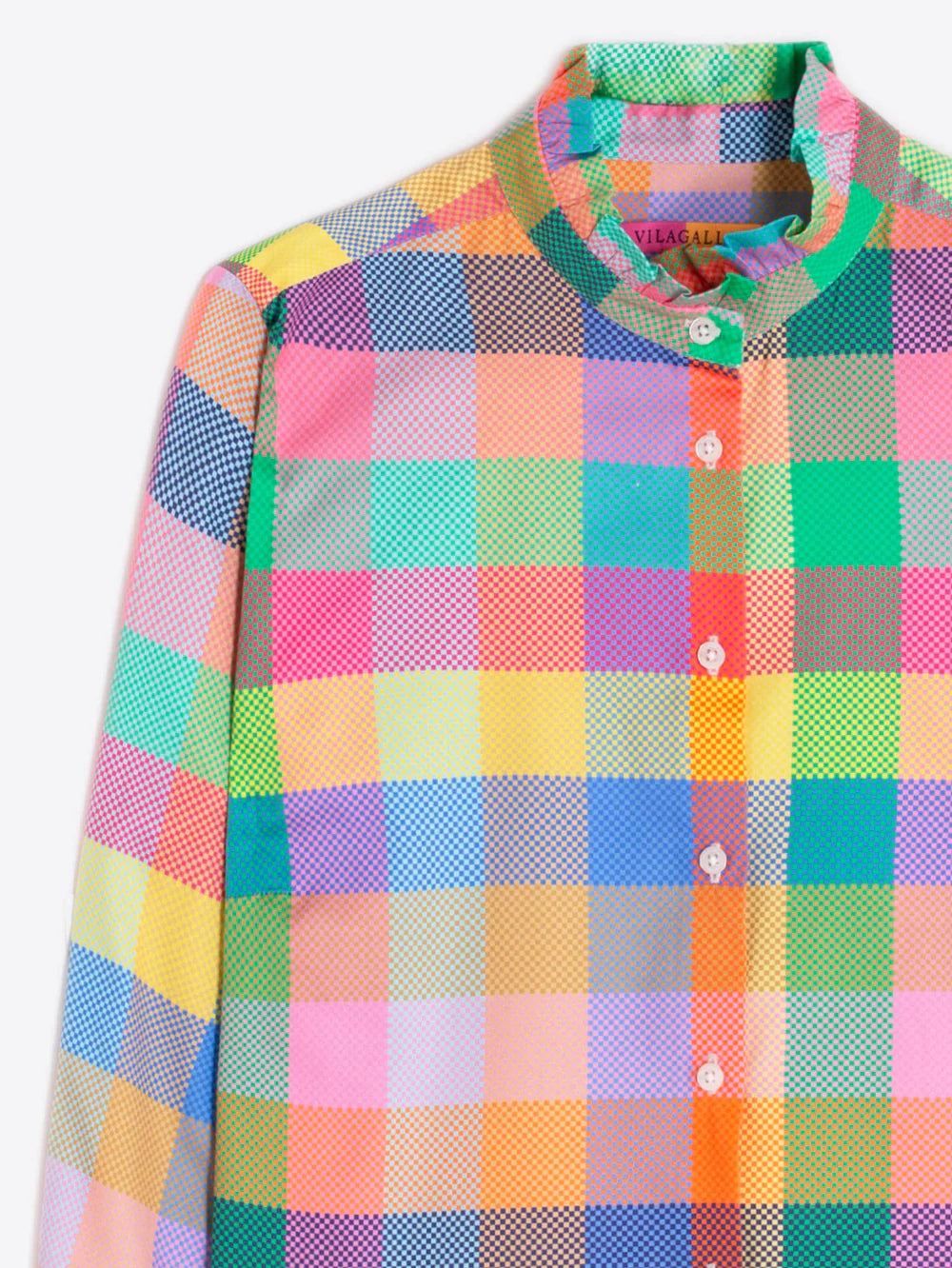 Multicolor Gingham Shirt with Ruffle Neck