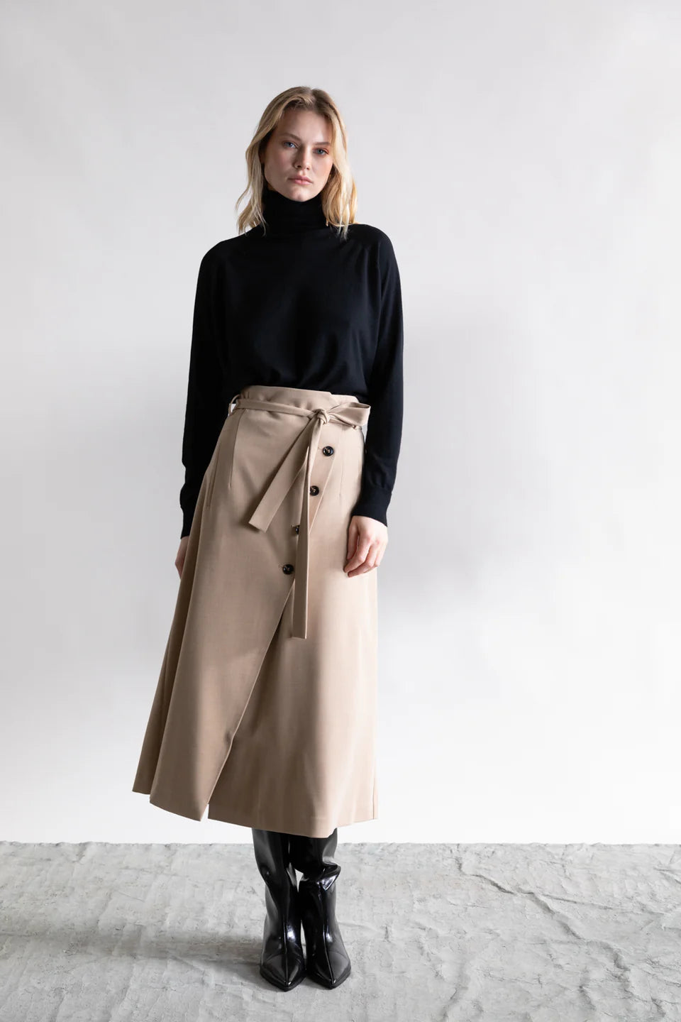 High-Waisted Wrap Skirt with Side Button Detail