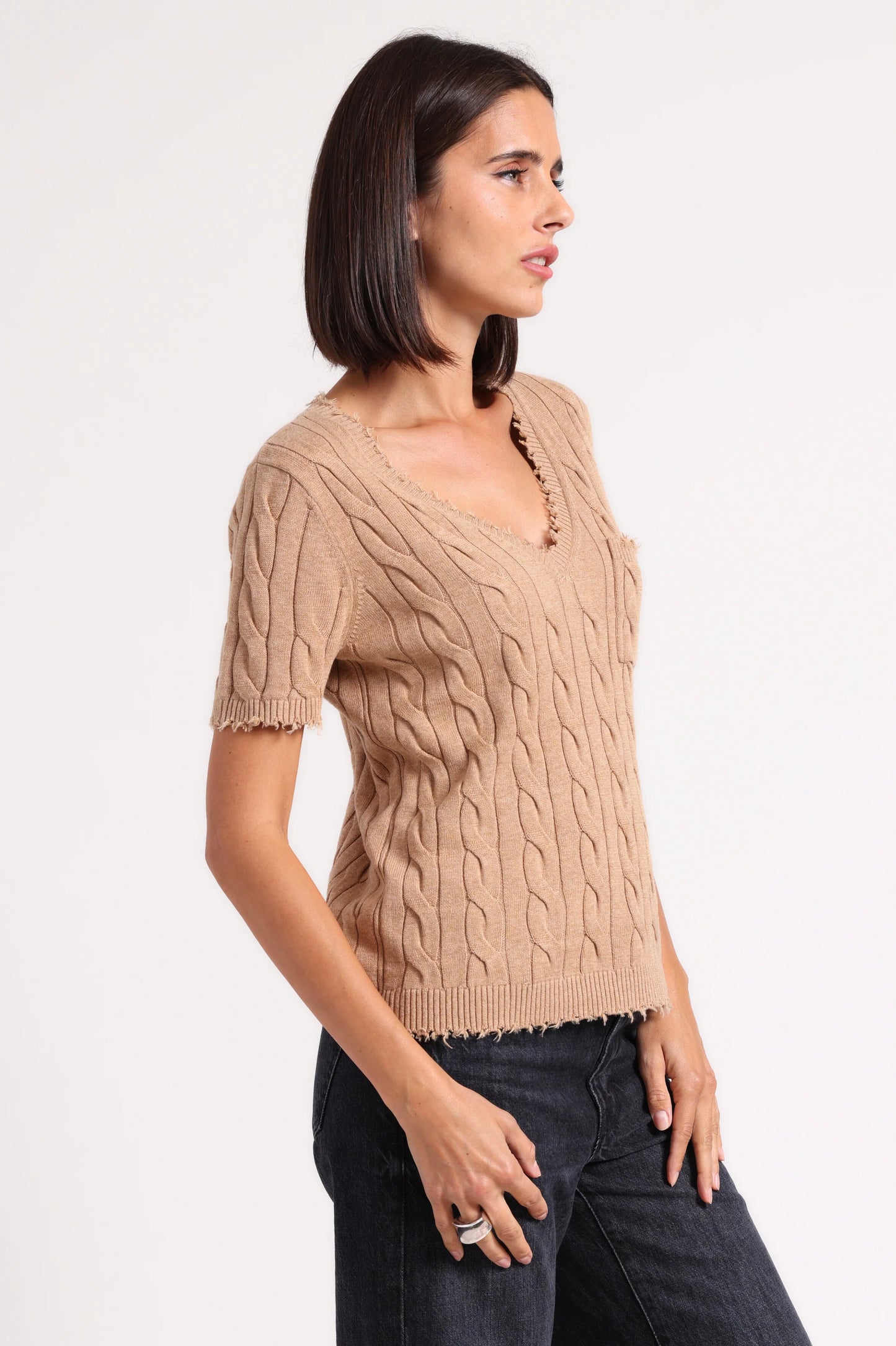 Cotton Frayed Cable V Neck Tee with Pocket