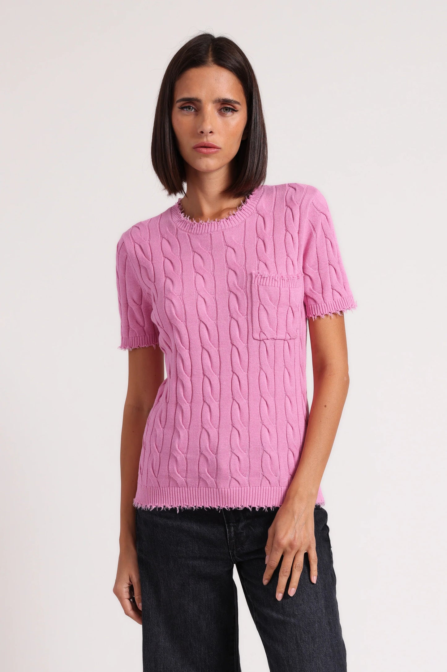 Cotton Frayed Cable Short Sleeve Tee with Pocket