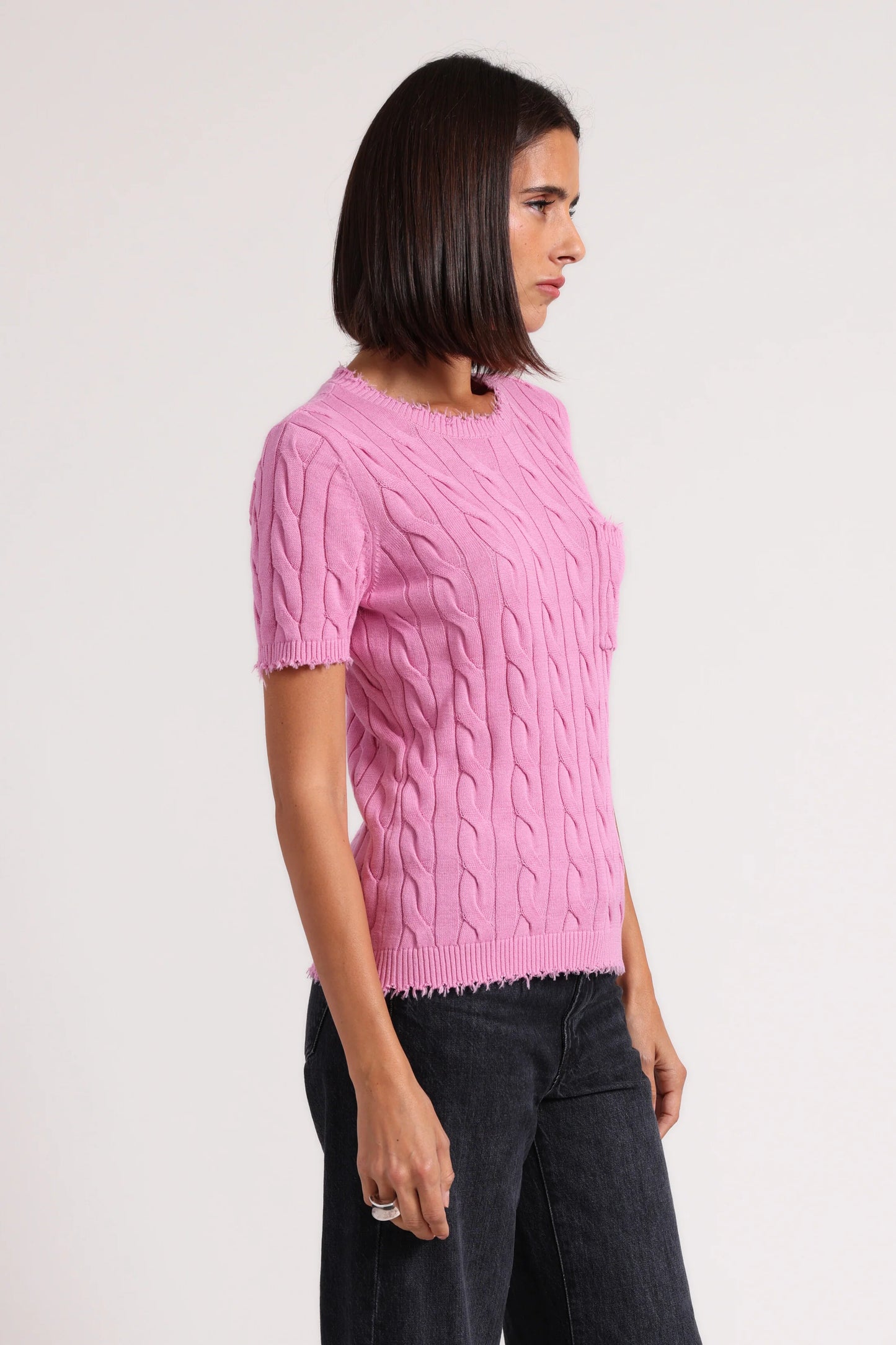 Cotton Frayed Cable Short Sleeve Tee with Pocket