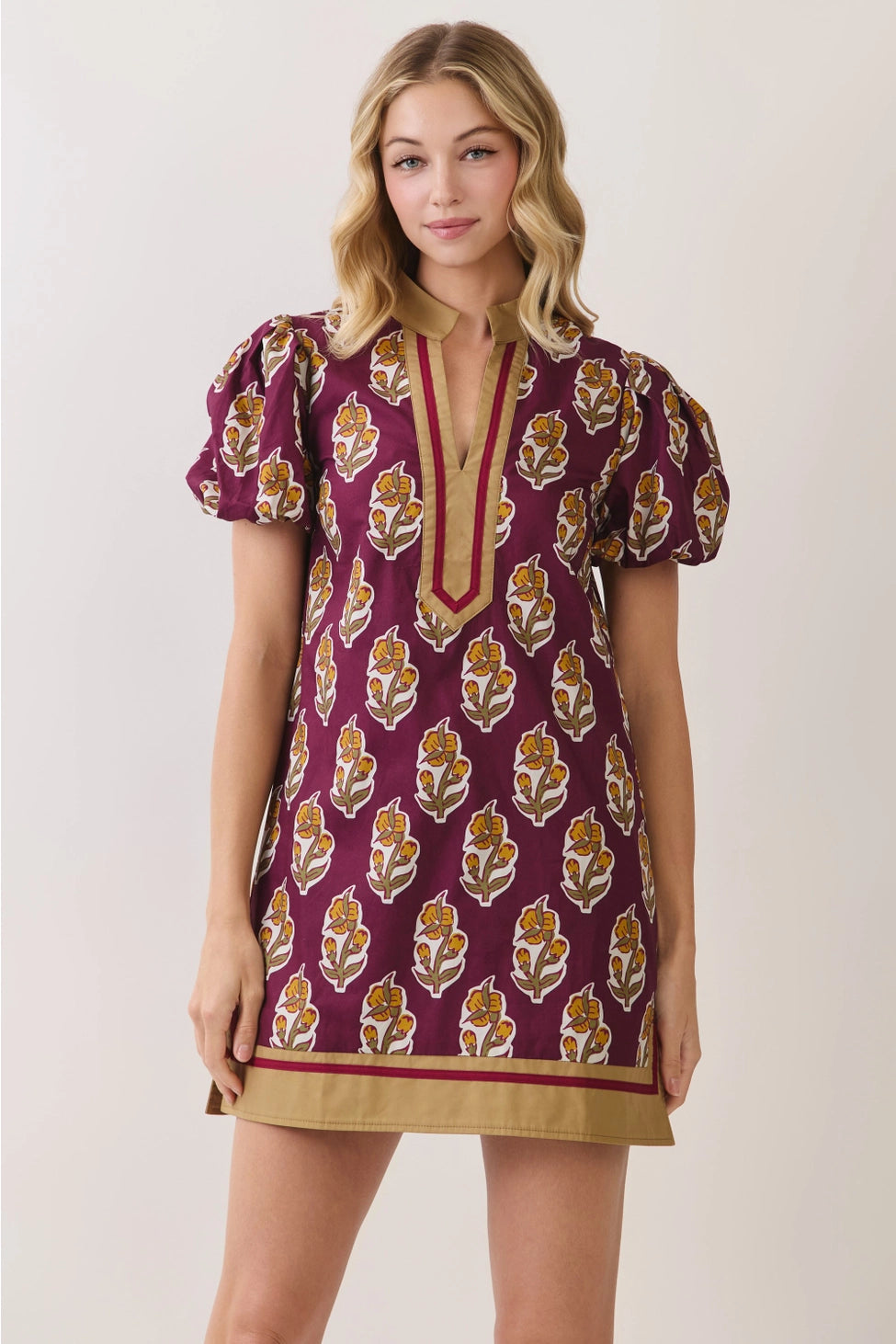 Floral Border Print Puff Sleeve Mini Dress