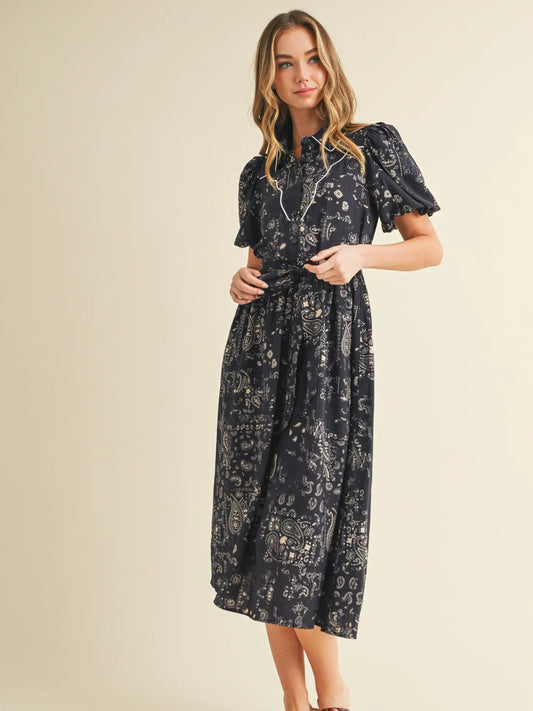 Paisley Print Contrast Piping Detail Midi Dress