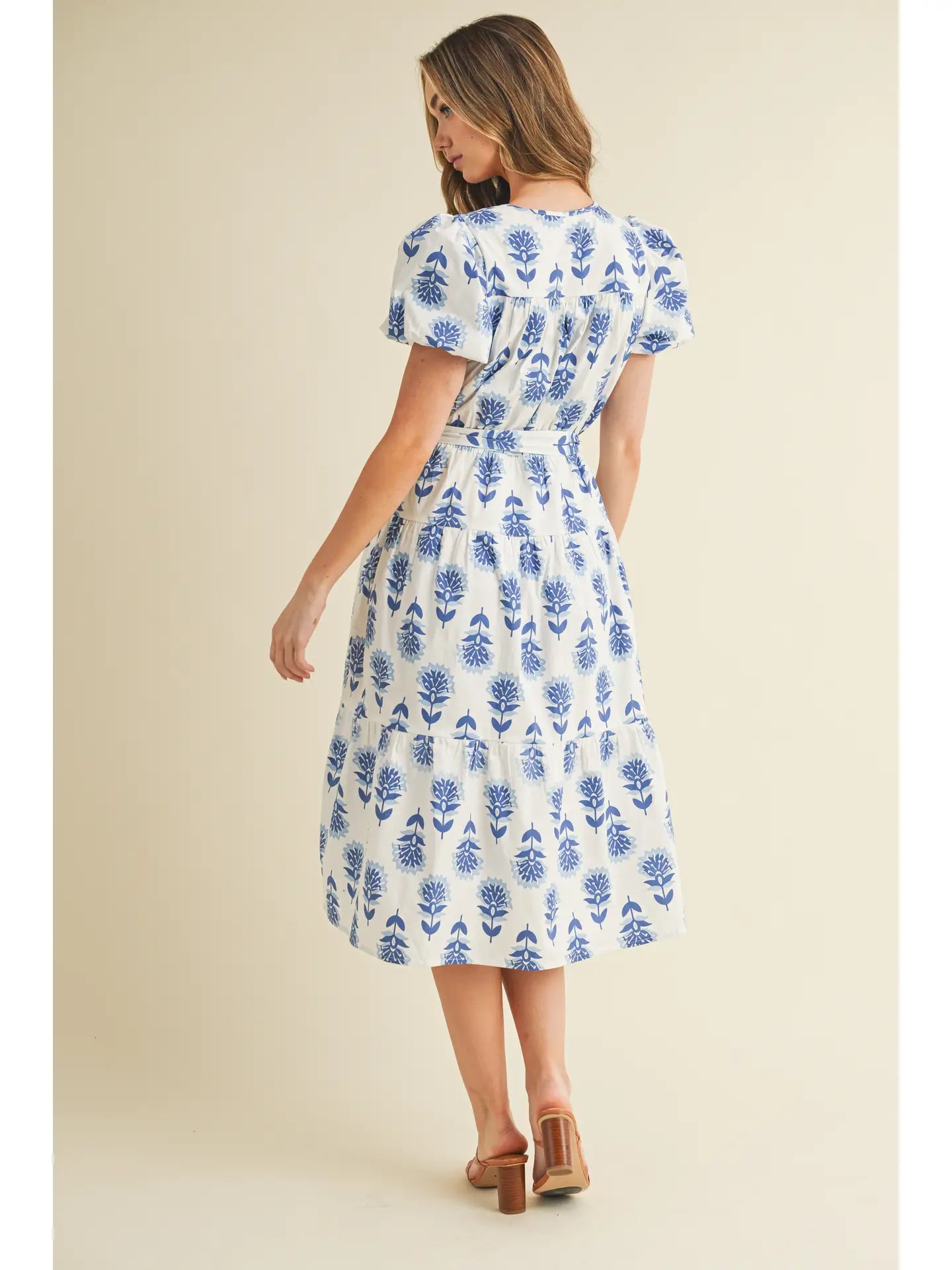 Floral Print Puff Sleeves Tiered Skirt Midi Dress