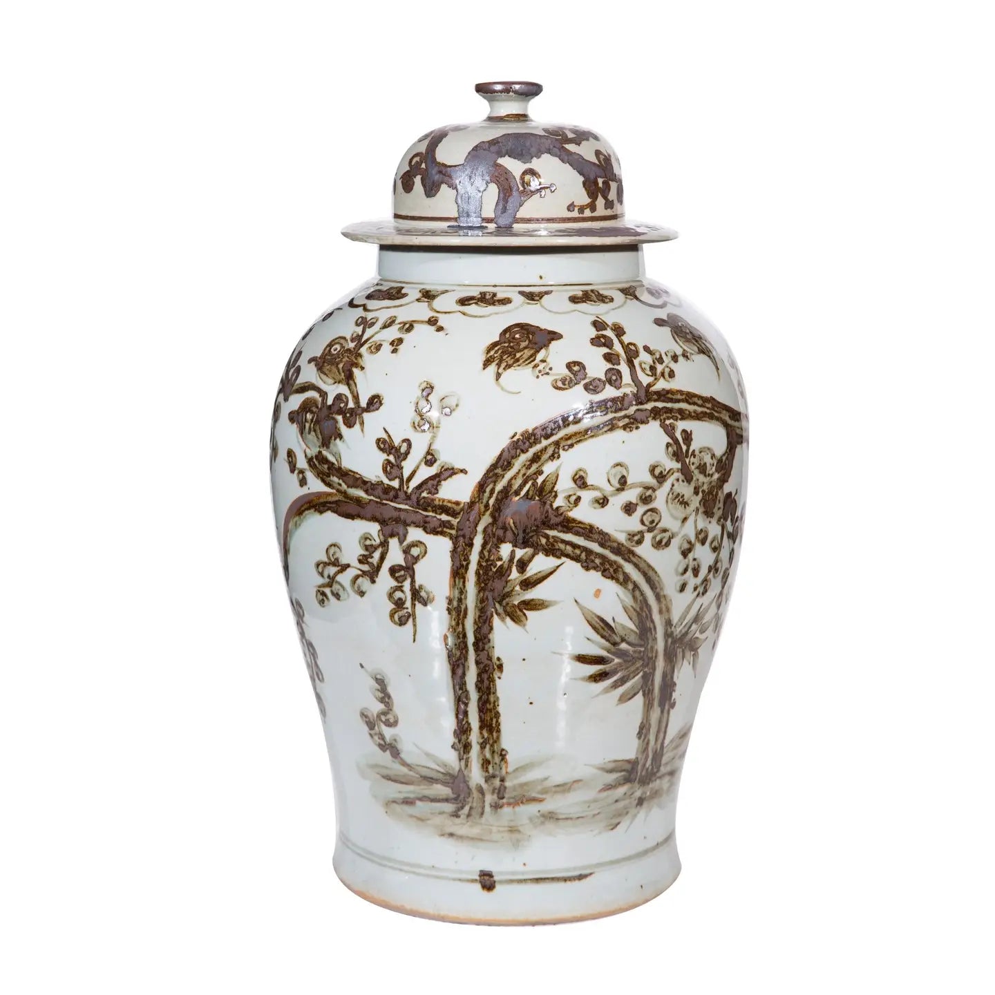 Rusty Brown Magpie On Treetop Porcelain Temple Jar