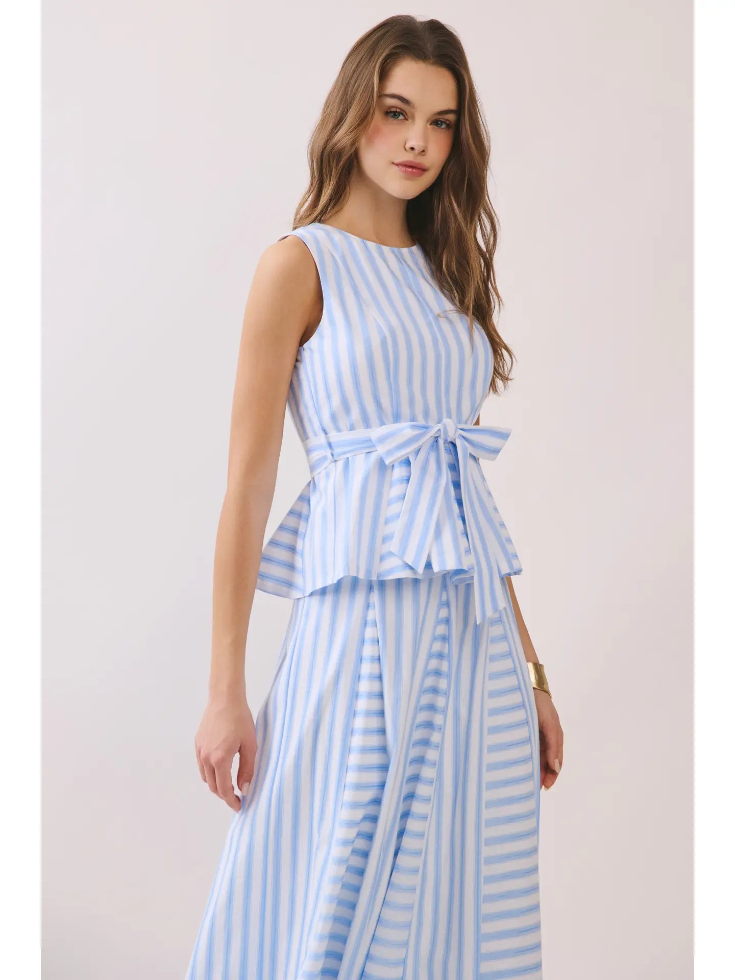 Striped Sleeveless Tie Waist Peplum Top