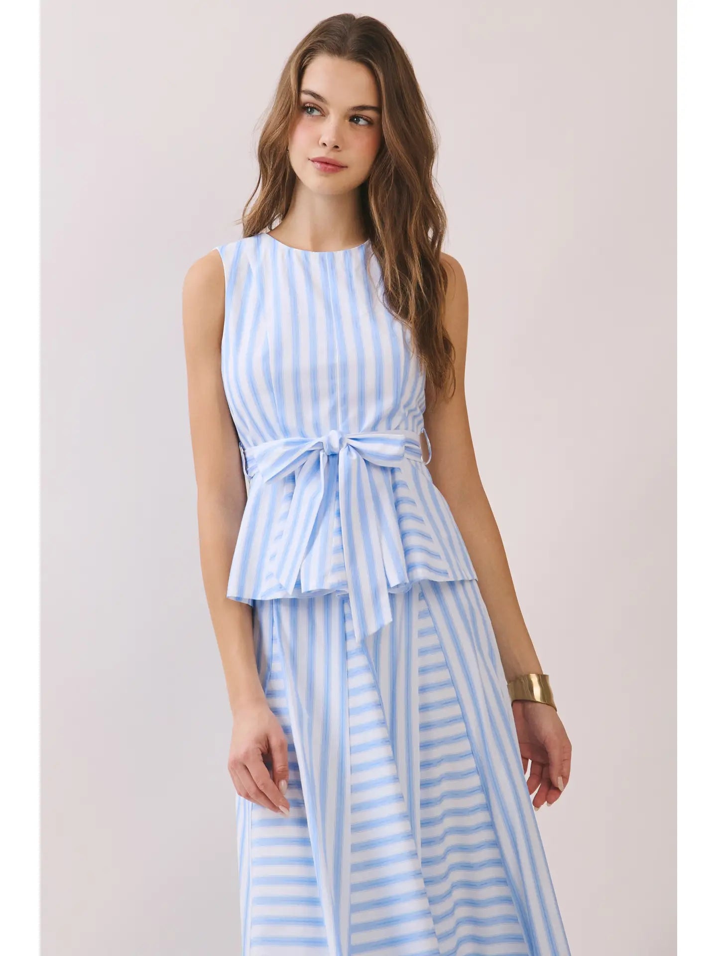 Striped Sleeveless Tie Waist Peplum Top