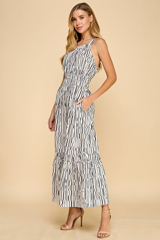 Geometric Striped Square Neckline Midi Dress