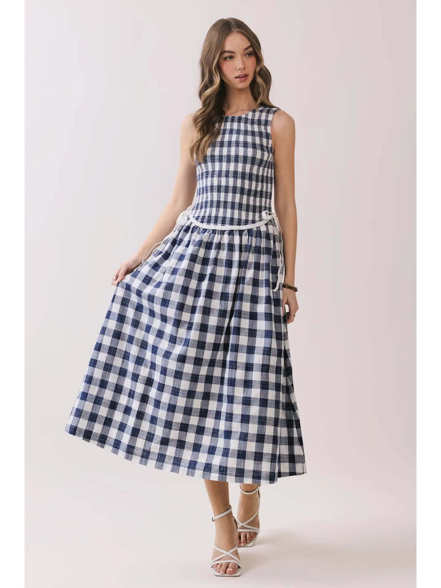 Gingham Sleeveless Midi Dress with Side Tie Detail