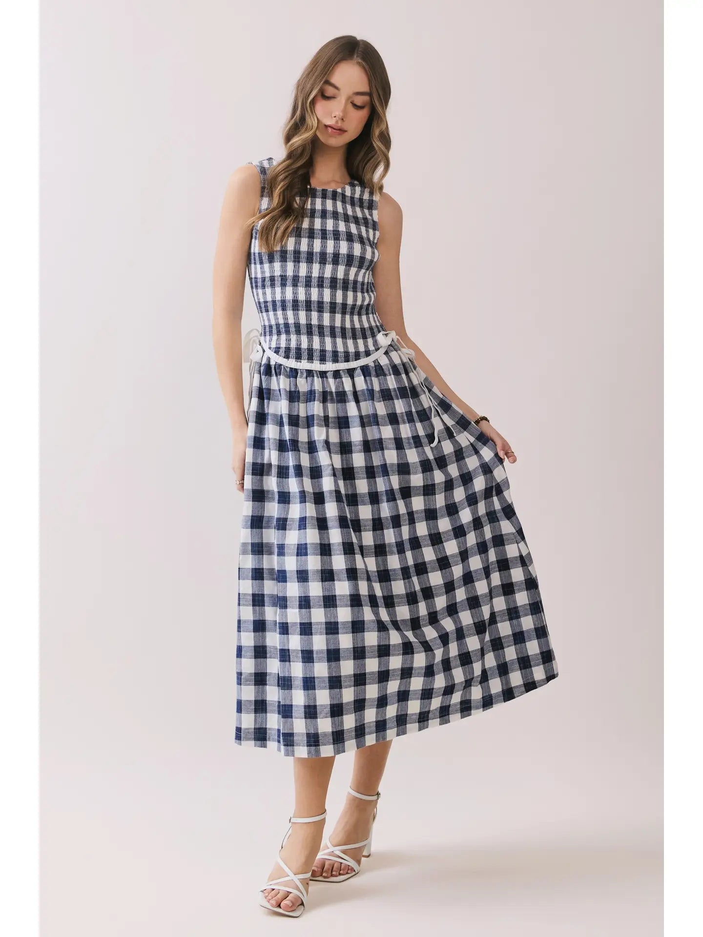 Gingham Sleeveless Midi Dress with Side Tie Detail