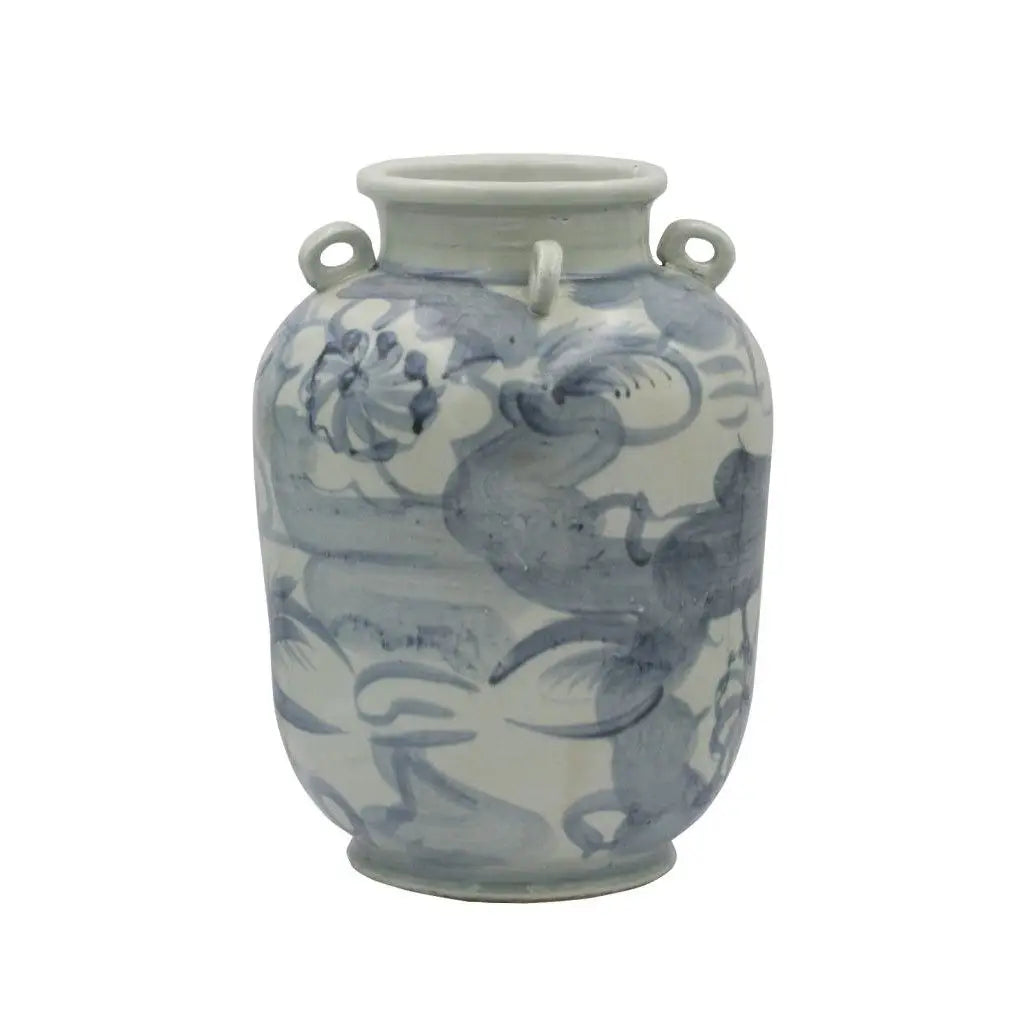 Blue and White Four Loop Handle Jar Twisted Flower Motif
