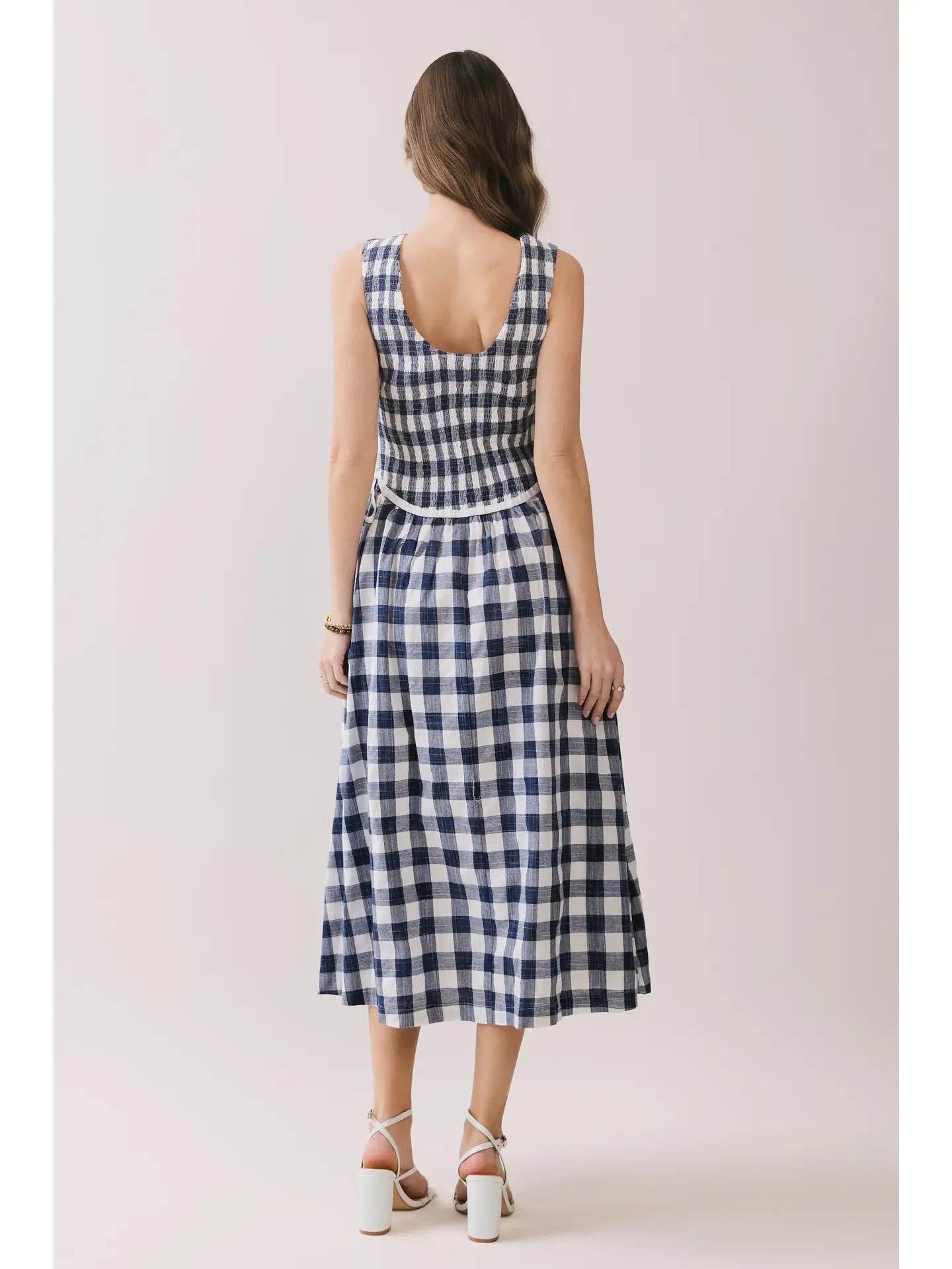 Gingham Sleeveless Midi Dress with Side Tie Detail