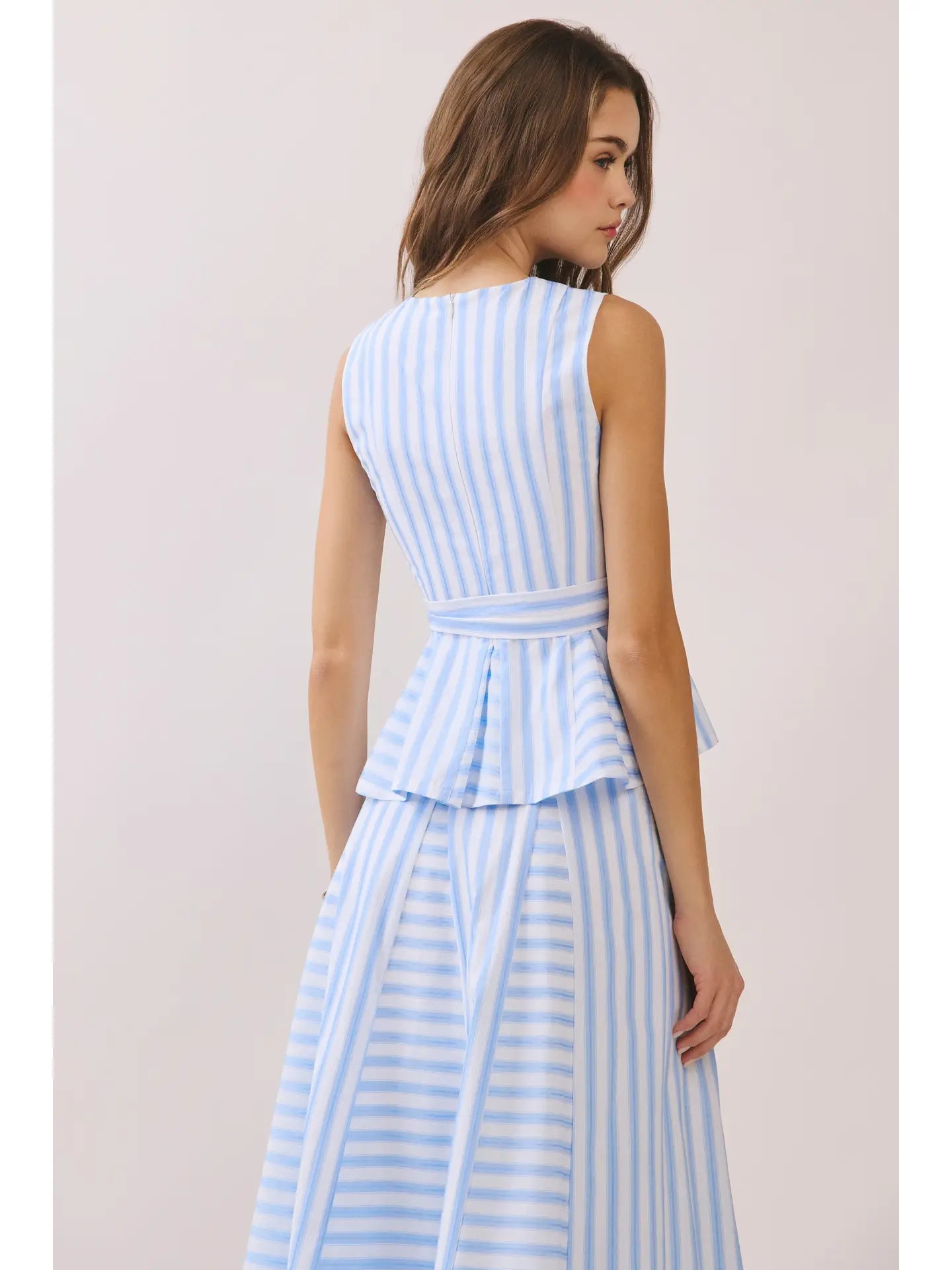 Striped Sleeveless Tie Waist Peplum Top
