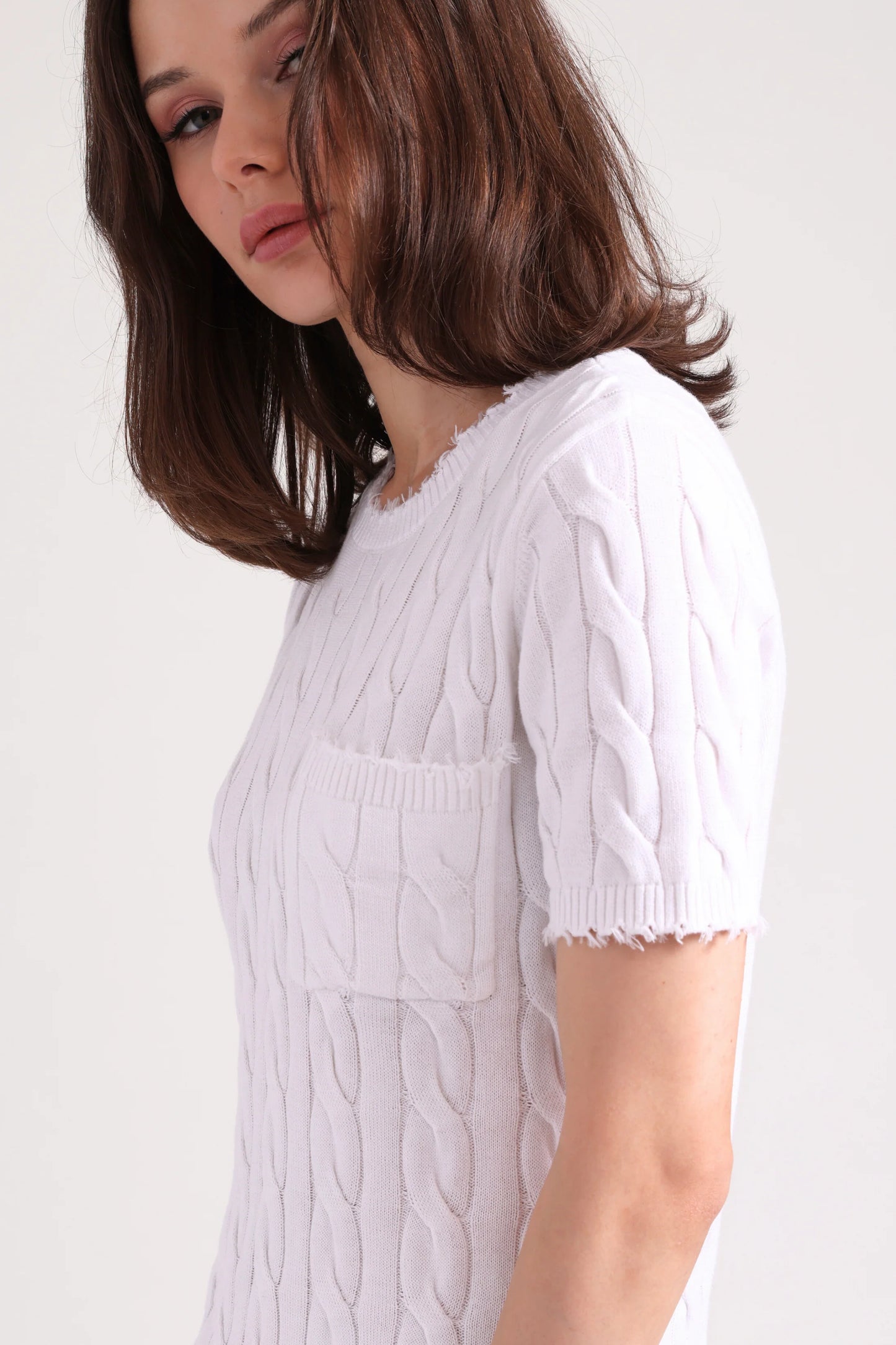 Cotton Frayed Cable Short Sleeve Tee with Pocket