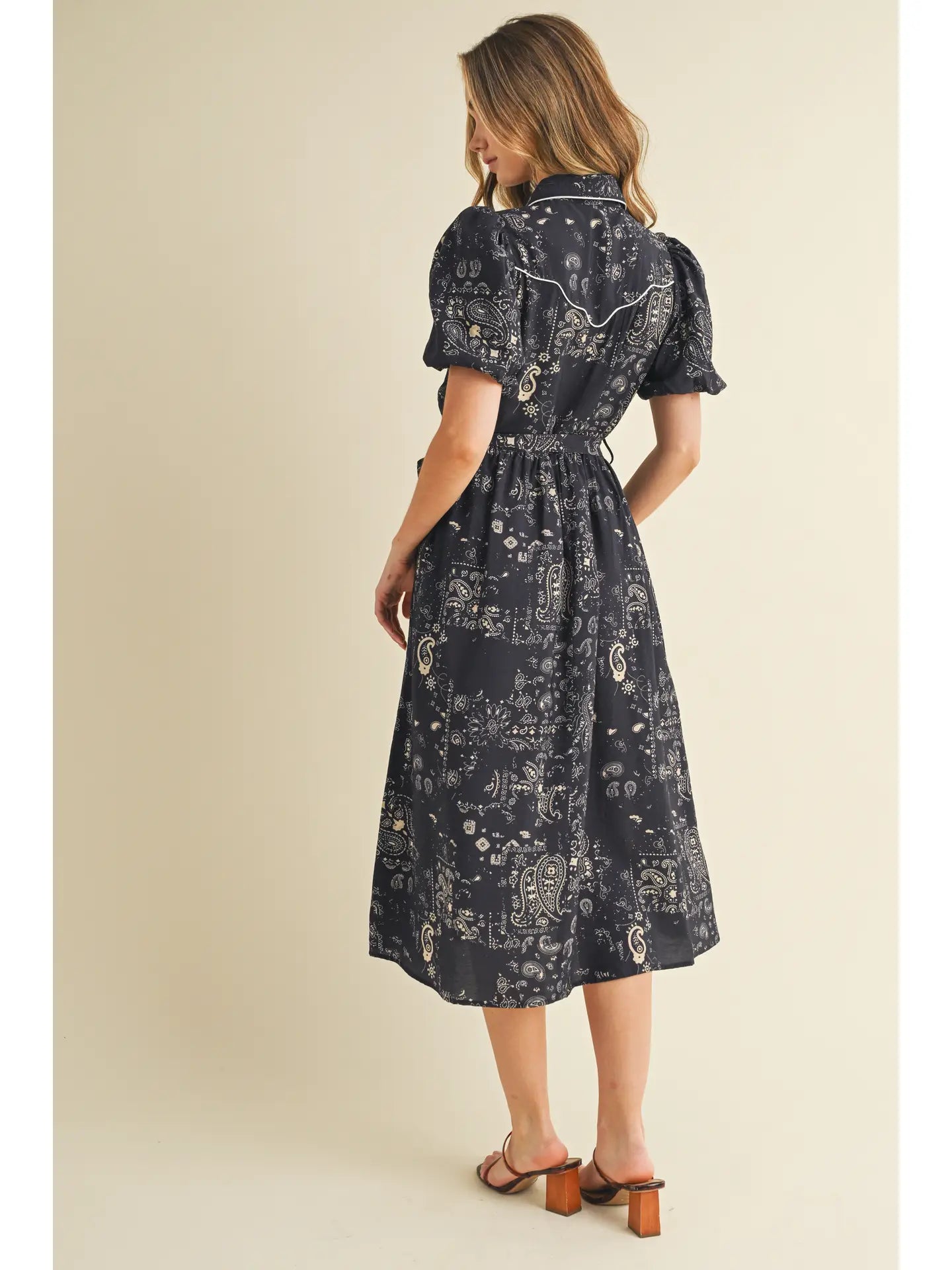 Paisley Print Contrast Piping Detail Midi Dress