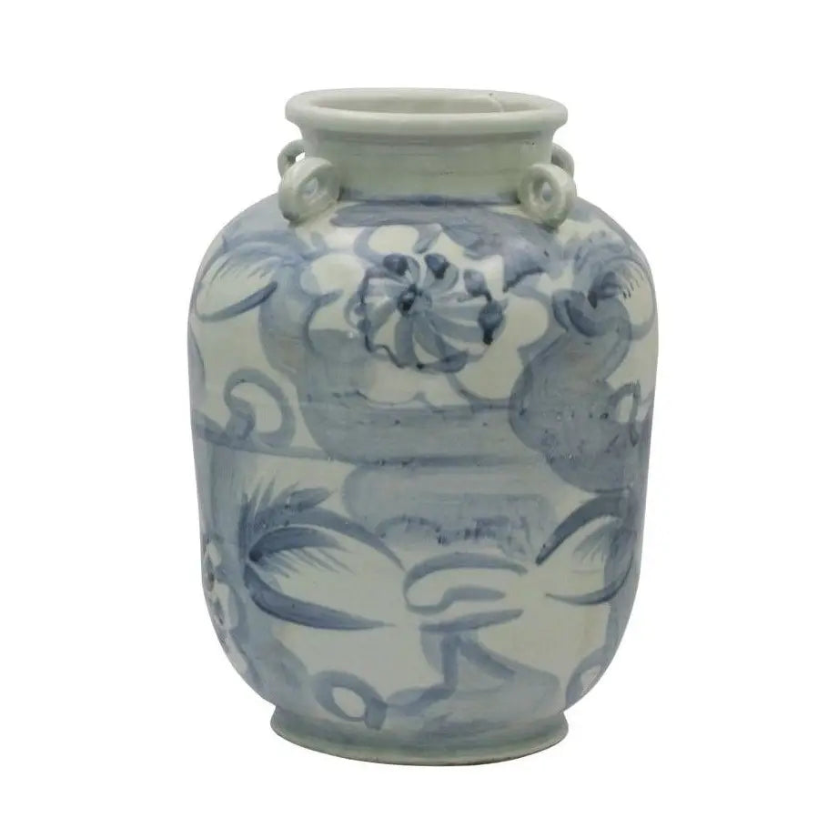 Blue and White Four Loop Handle Jar Twisted Flower Motif