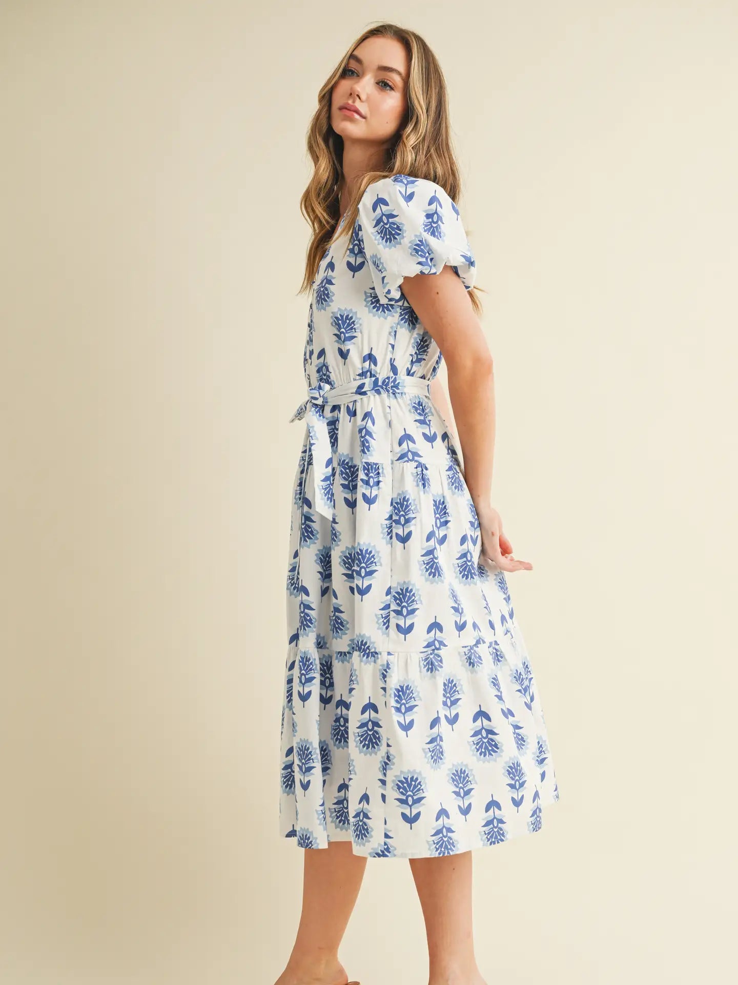 Floral Print Puff Sleeves Tiered Skirt Midi Dress