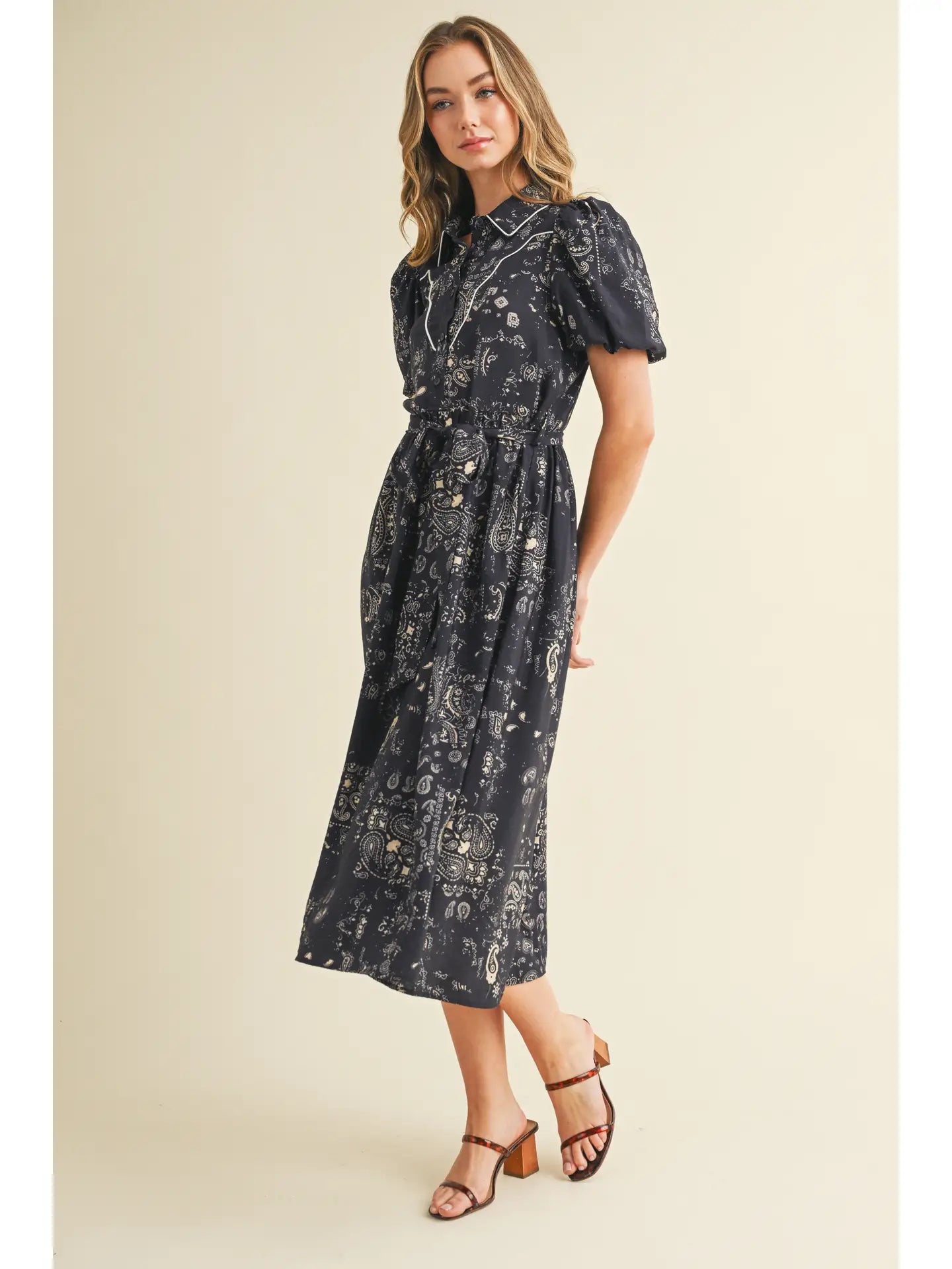 Paisley Print Contrast Piping Detail Midi Dress