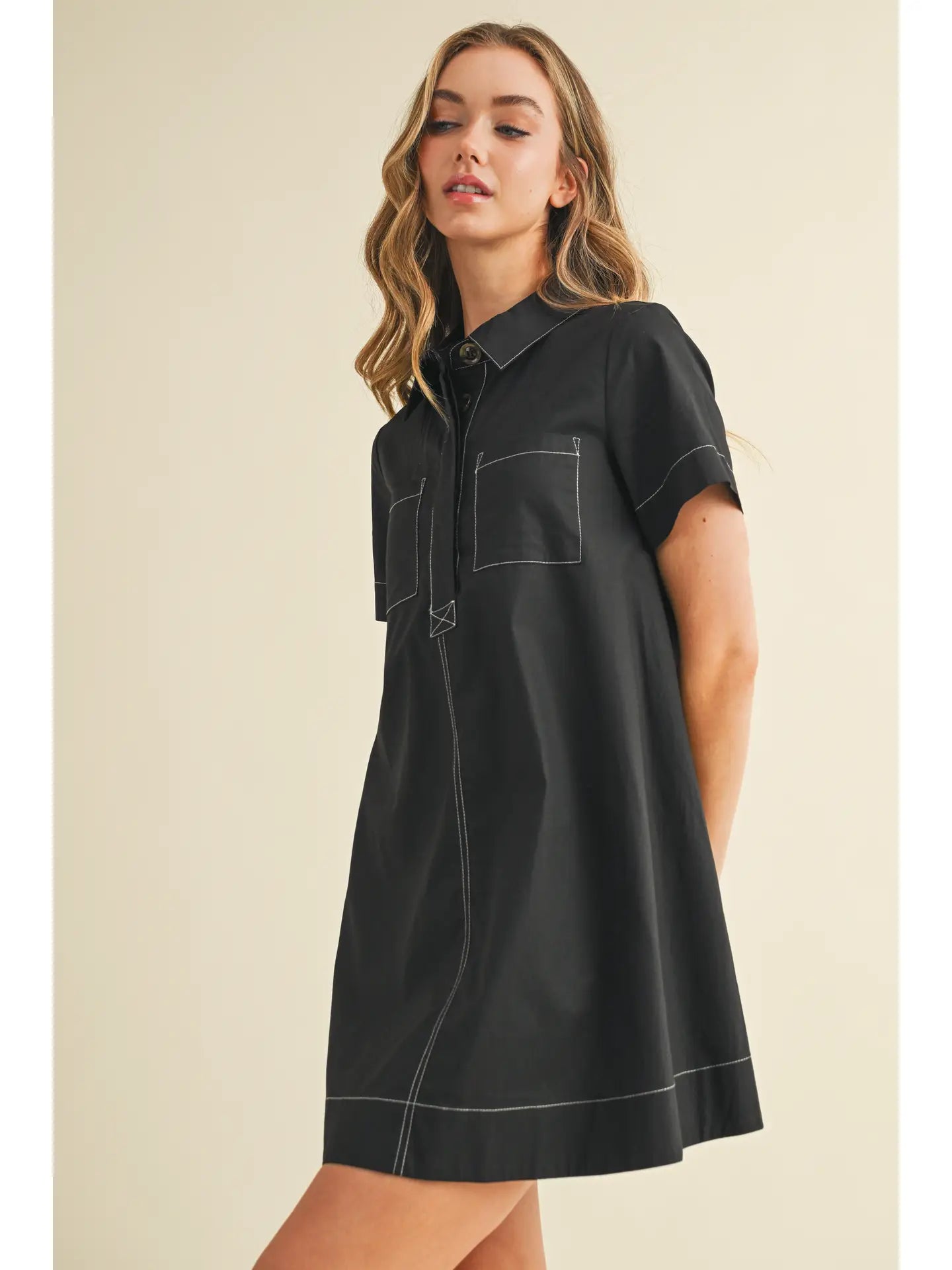 Button Down Bold Contrast Stitching Shirt Dress