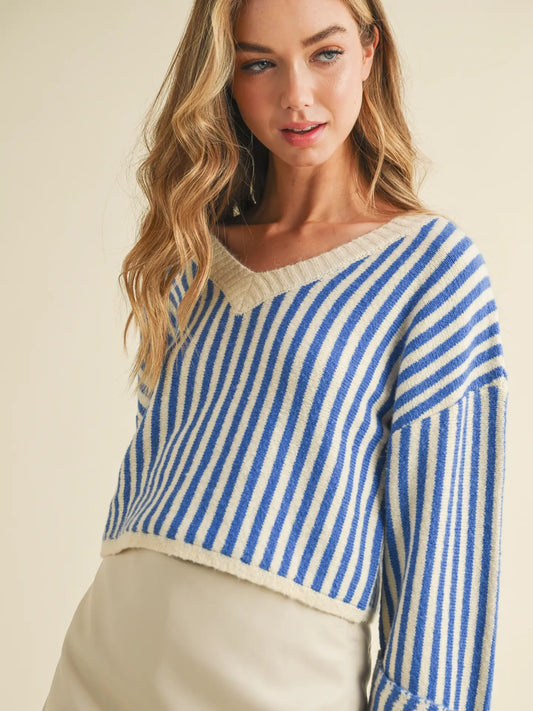 Striped V Neckline Knit Cropped Sweater