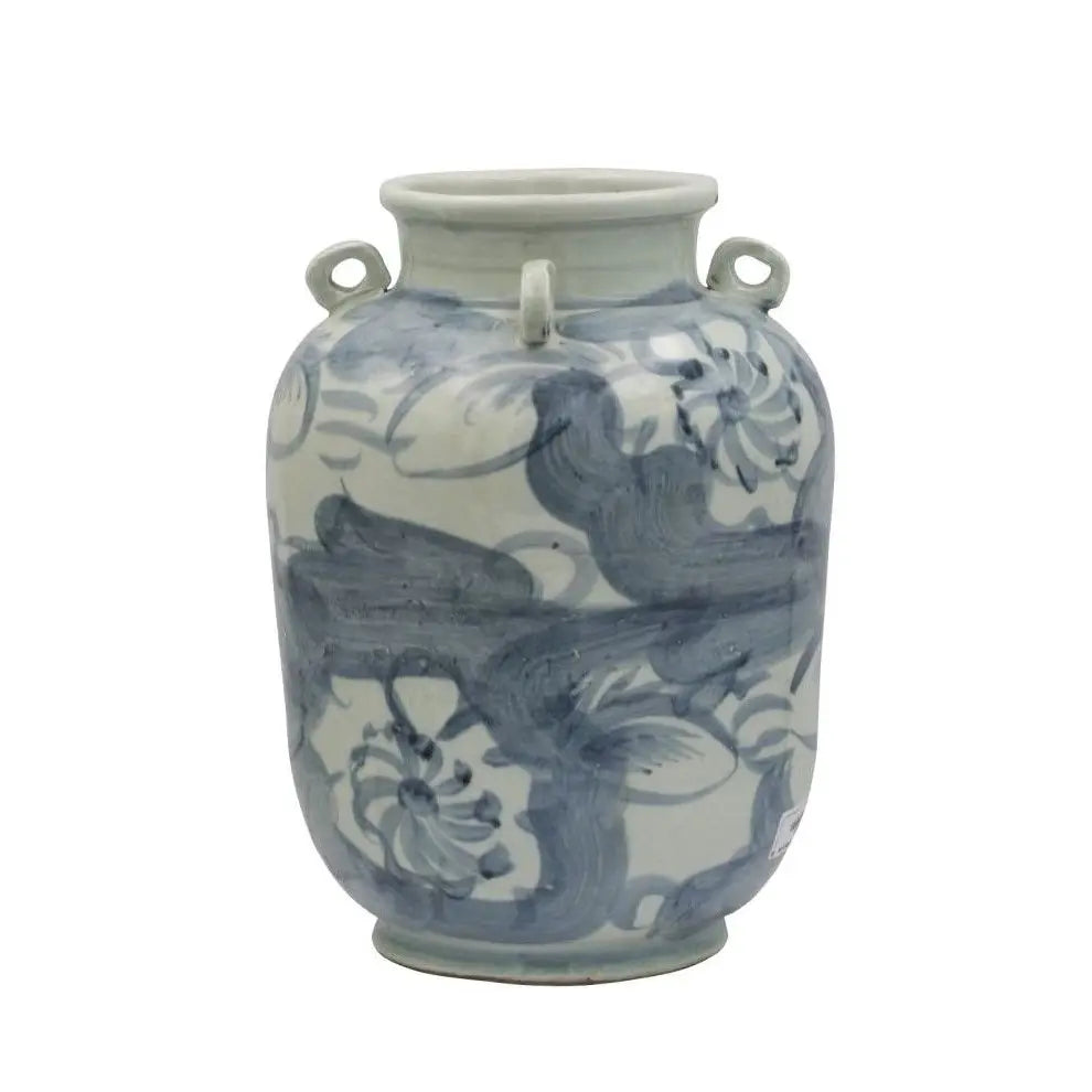 Blue and White Four Loop Handle Jar Twisted Flower Motif
