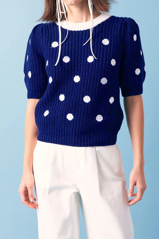 Shell Embroidered Puff Sleeve Sweater