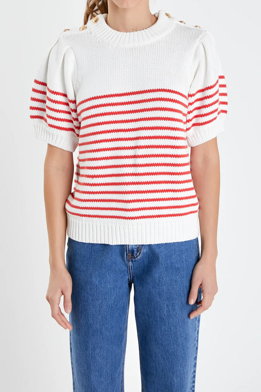 Stripe Short Puff Sleeve Sweater with Buttons
