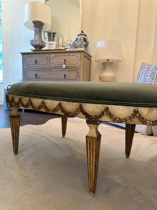 Antique French Bench in Green Velvet