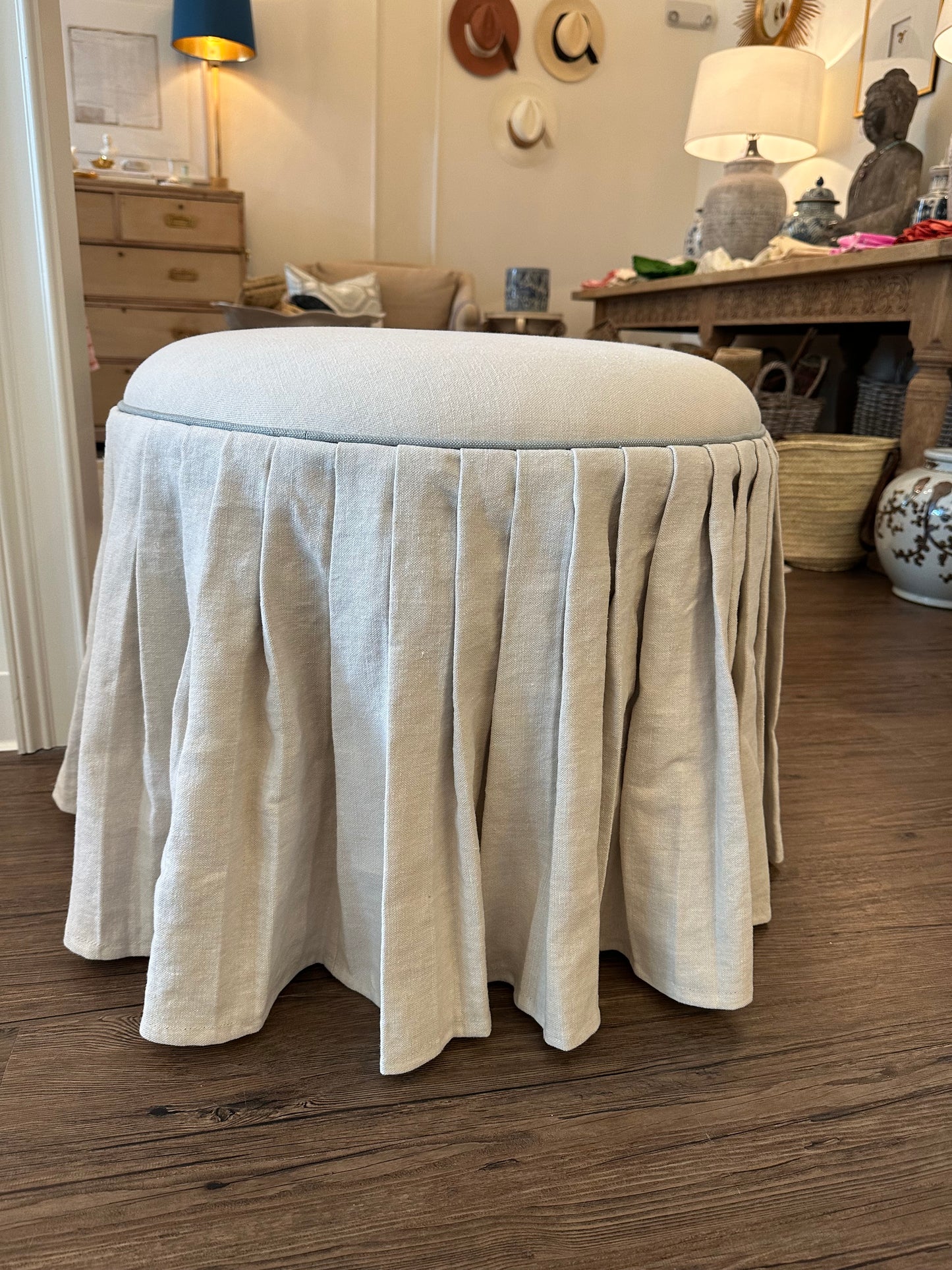 Pleated Ottoman Light Cream Fabric with Blue Piping Detail
