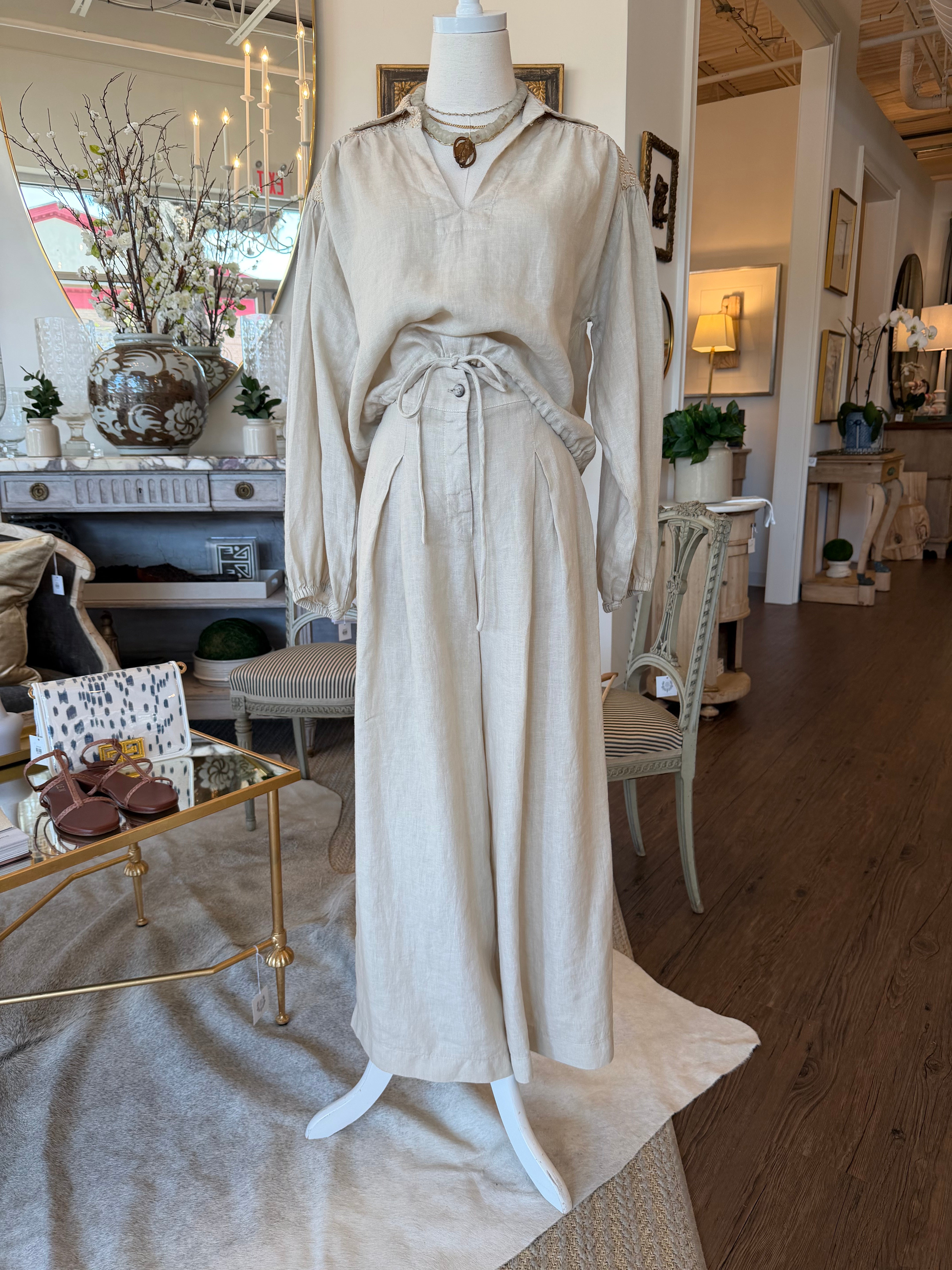 Cross Drawstring Linen Blouse