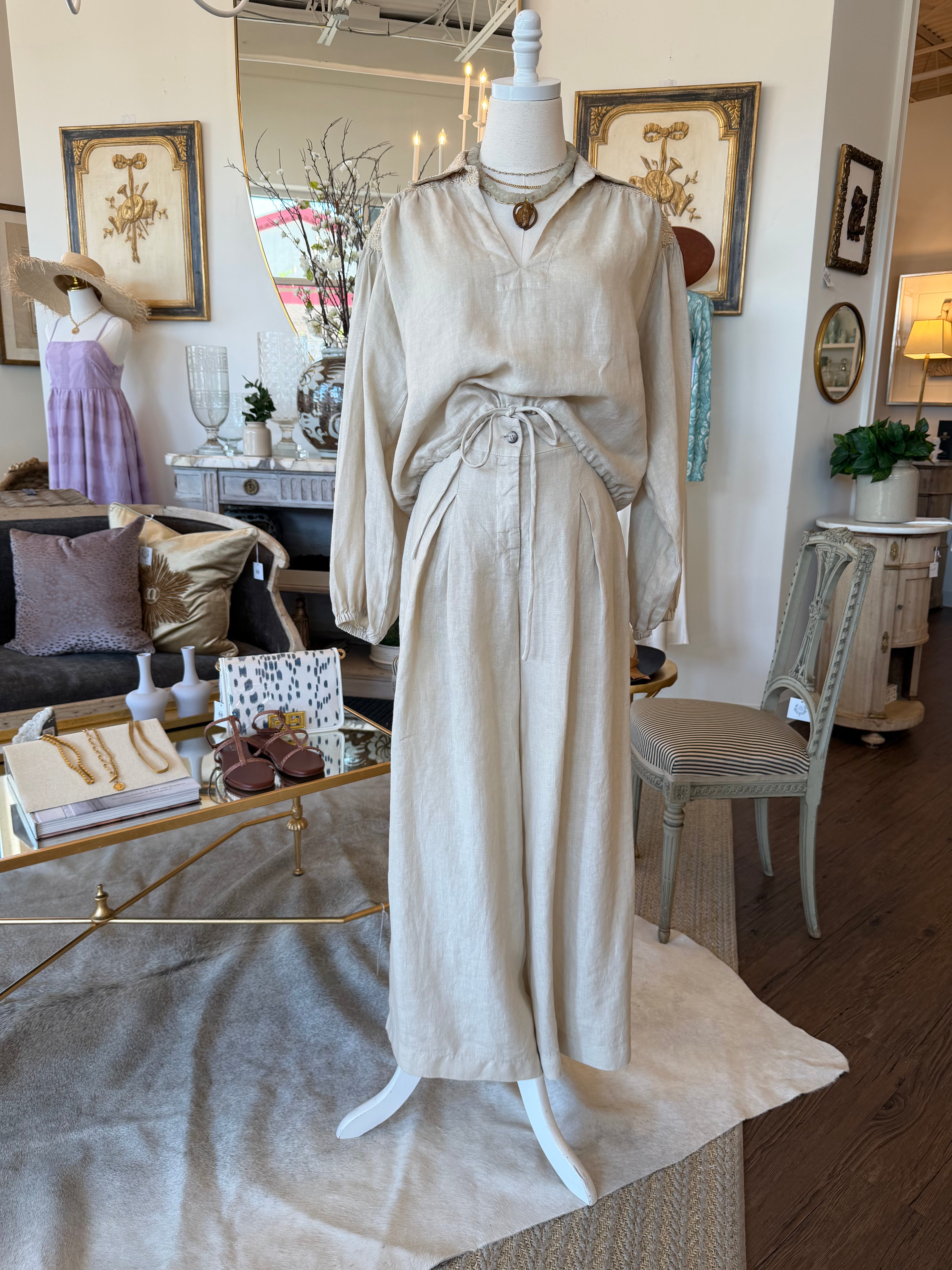 Cross Drawstring Linen Blouse