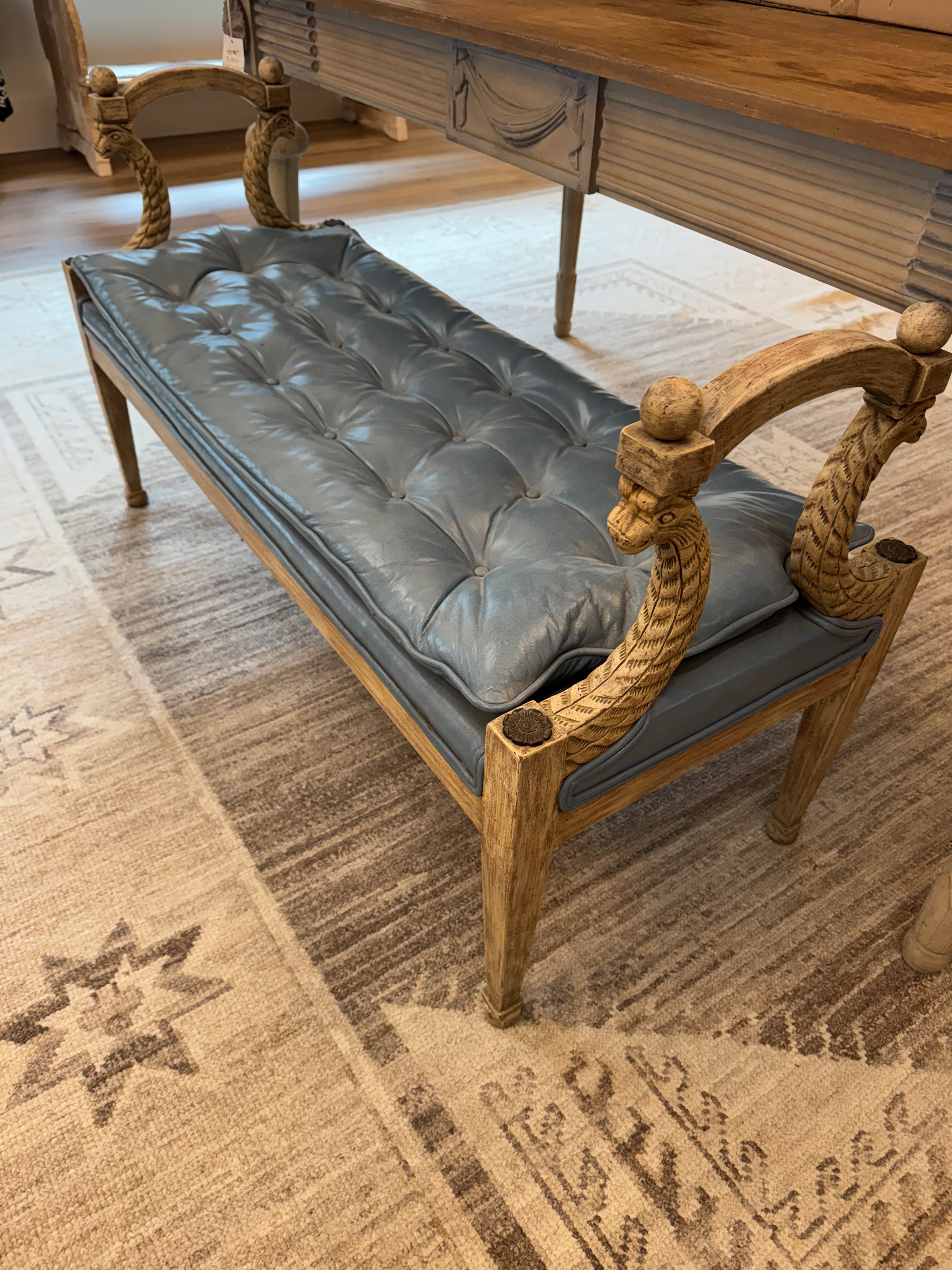 Antique Bench with Blue Leather