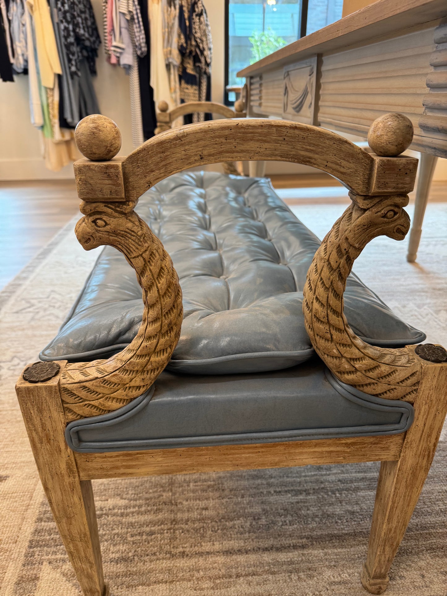Antique Bench with Blue Leather