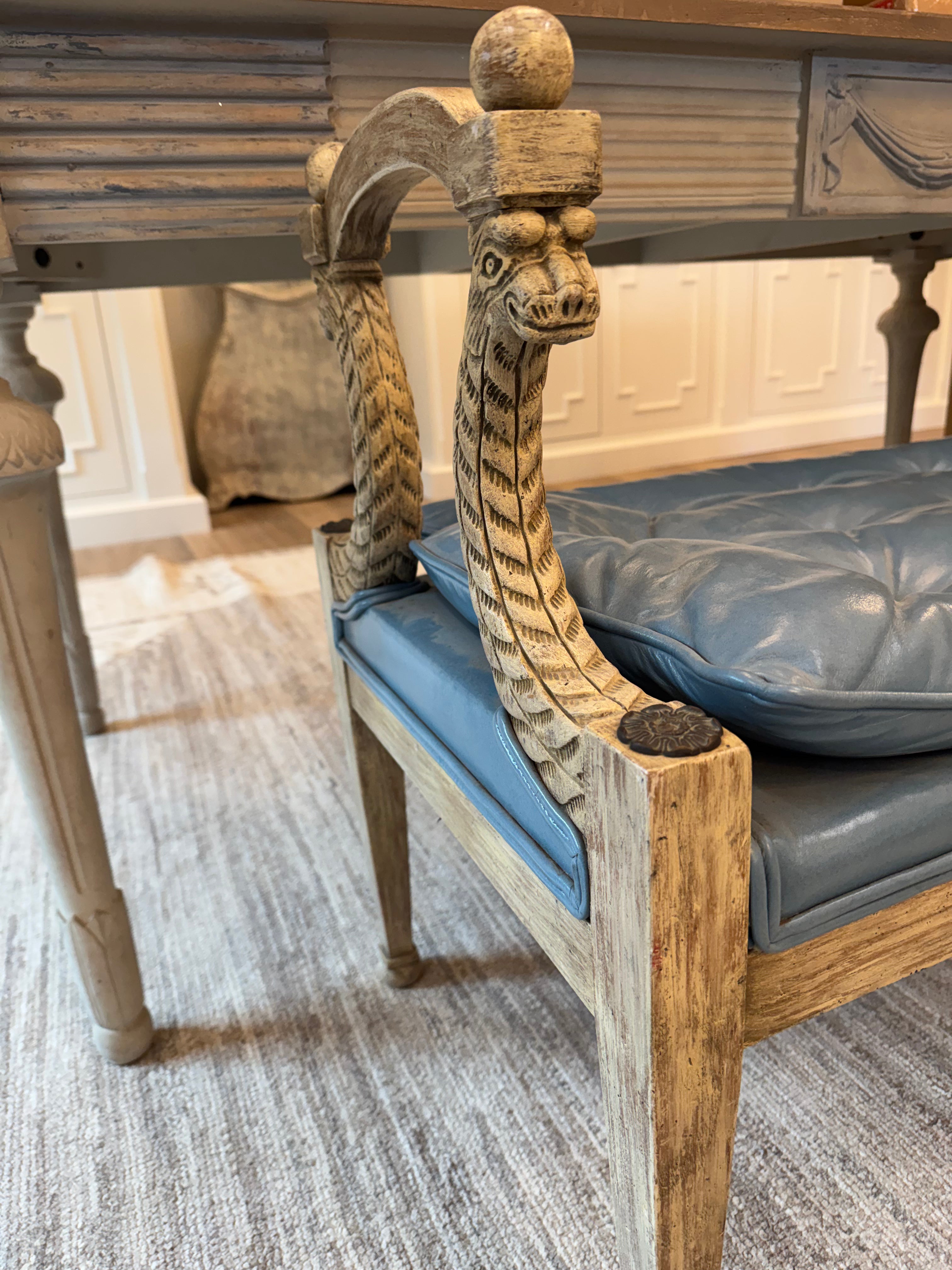 Antique Bench with Blue Leather