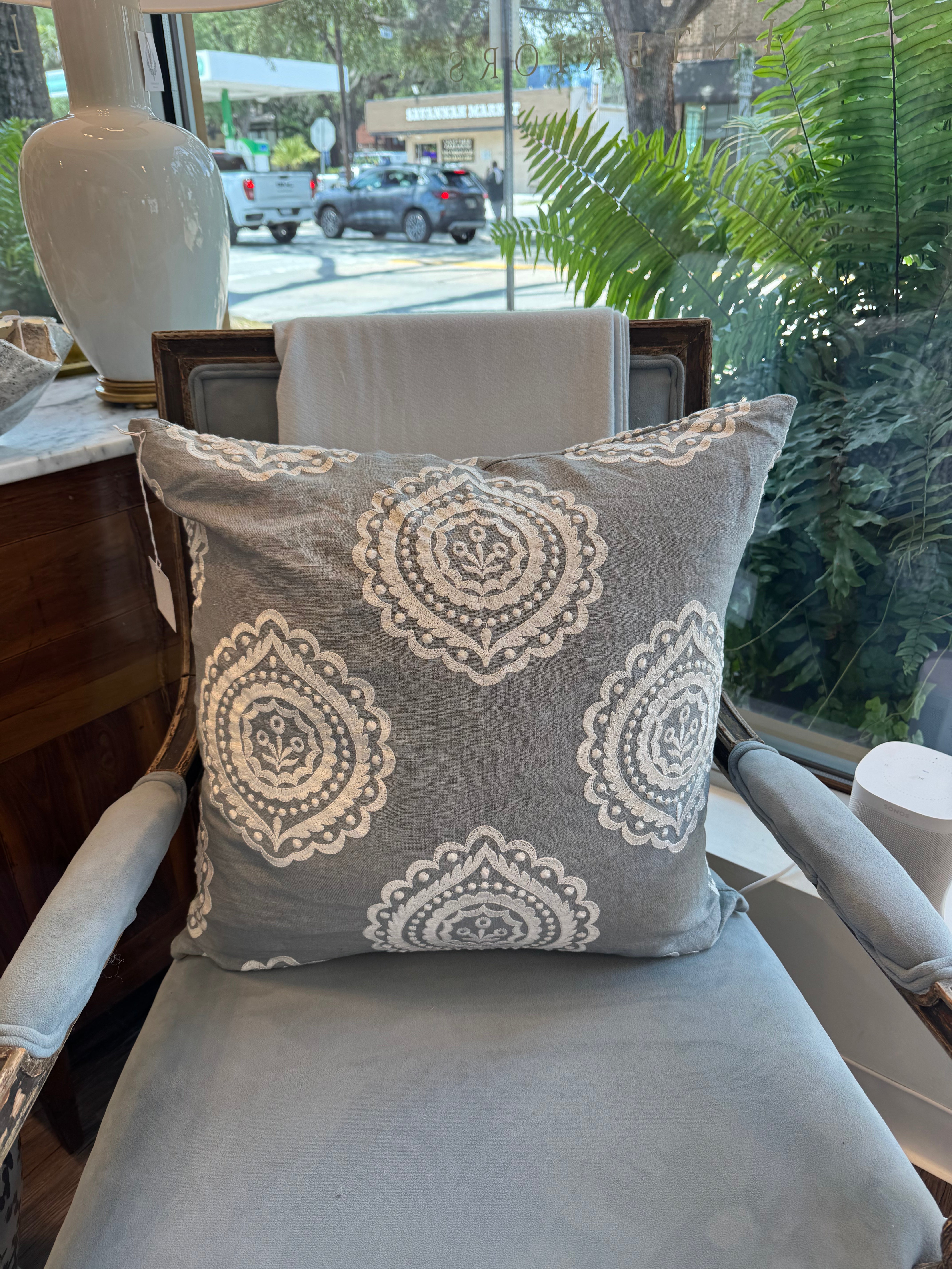 Schumacher Olana Linen Embroidered Pillow