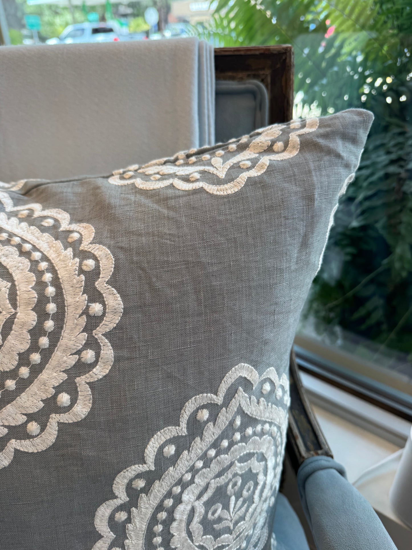 Schumacher Olana Linen Embroidered Pillow