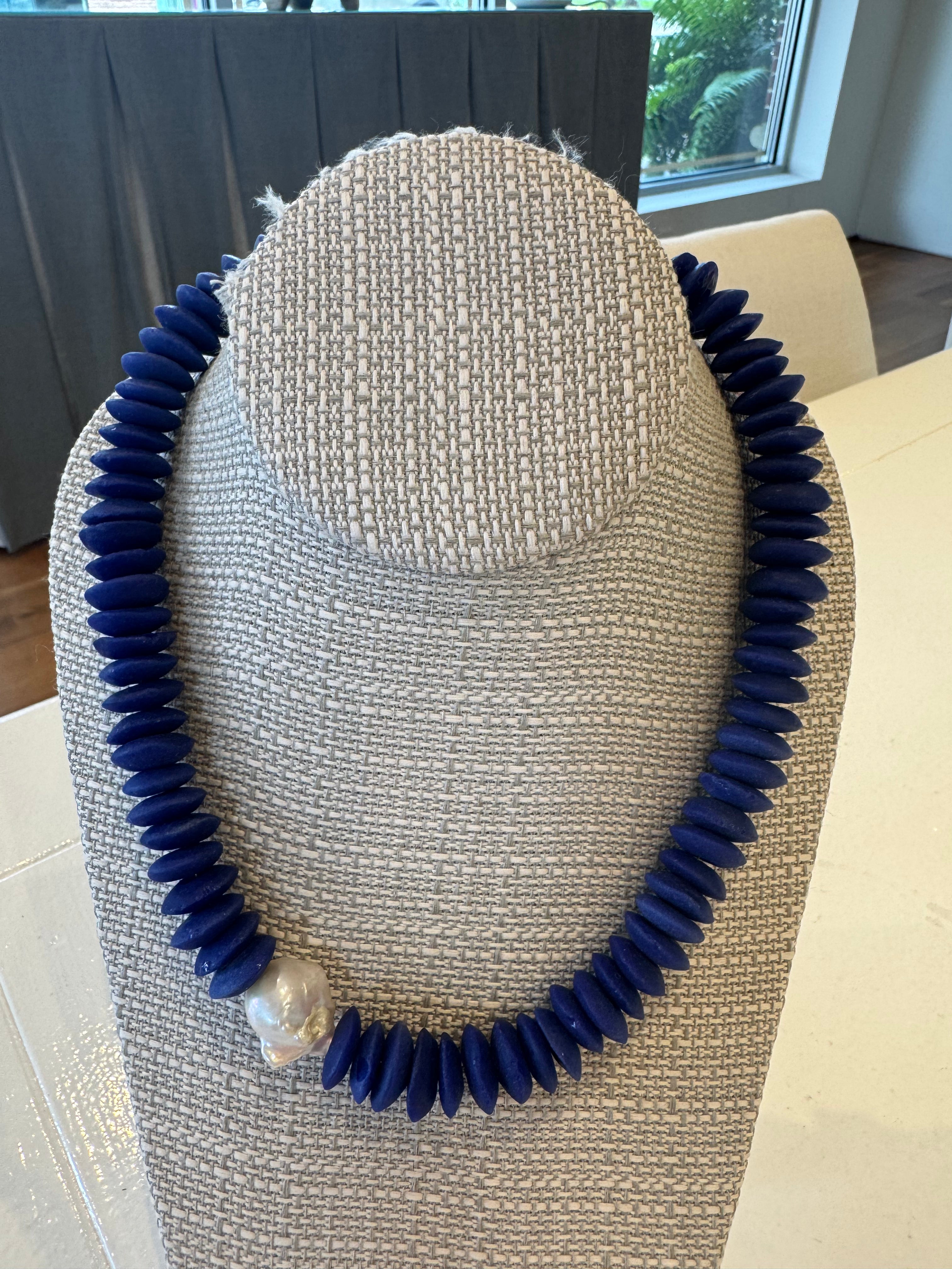 Dark Blue African Beads with Asymmetrical Pearl