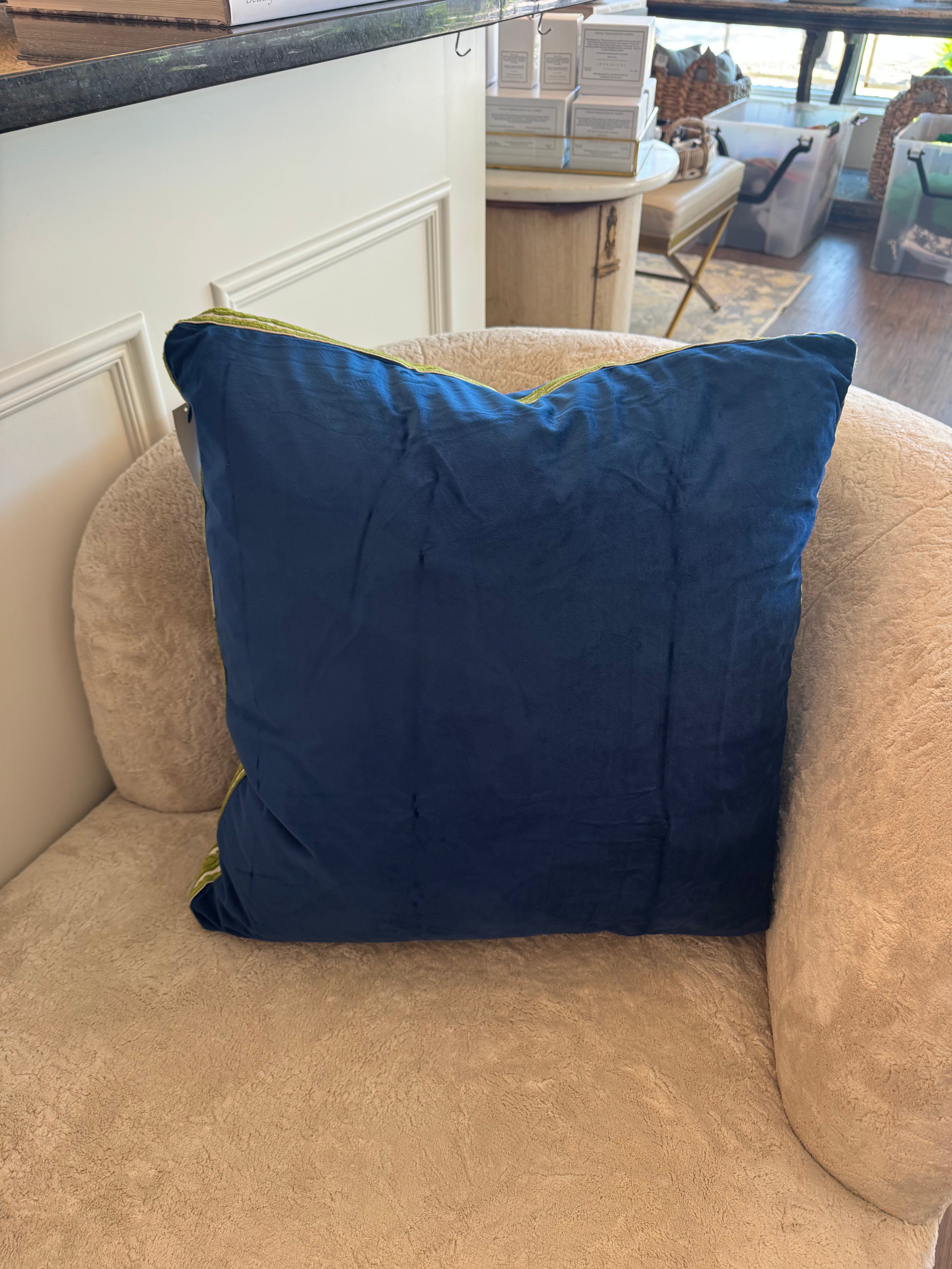 Navy Velvet Pillow with Green Embroidery