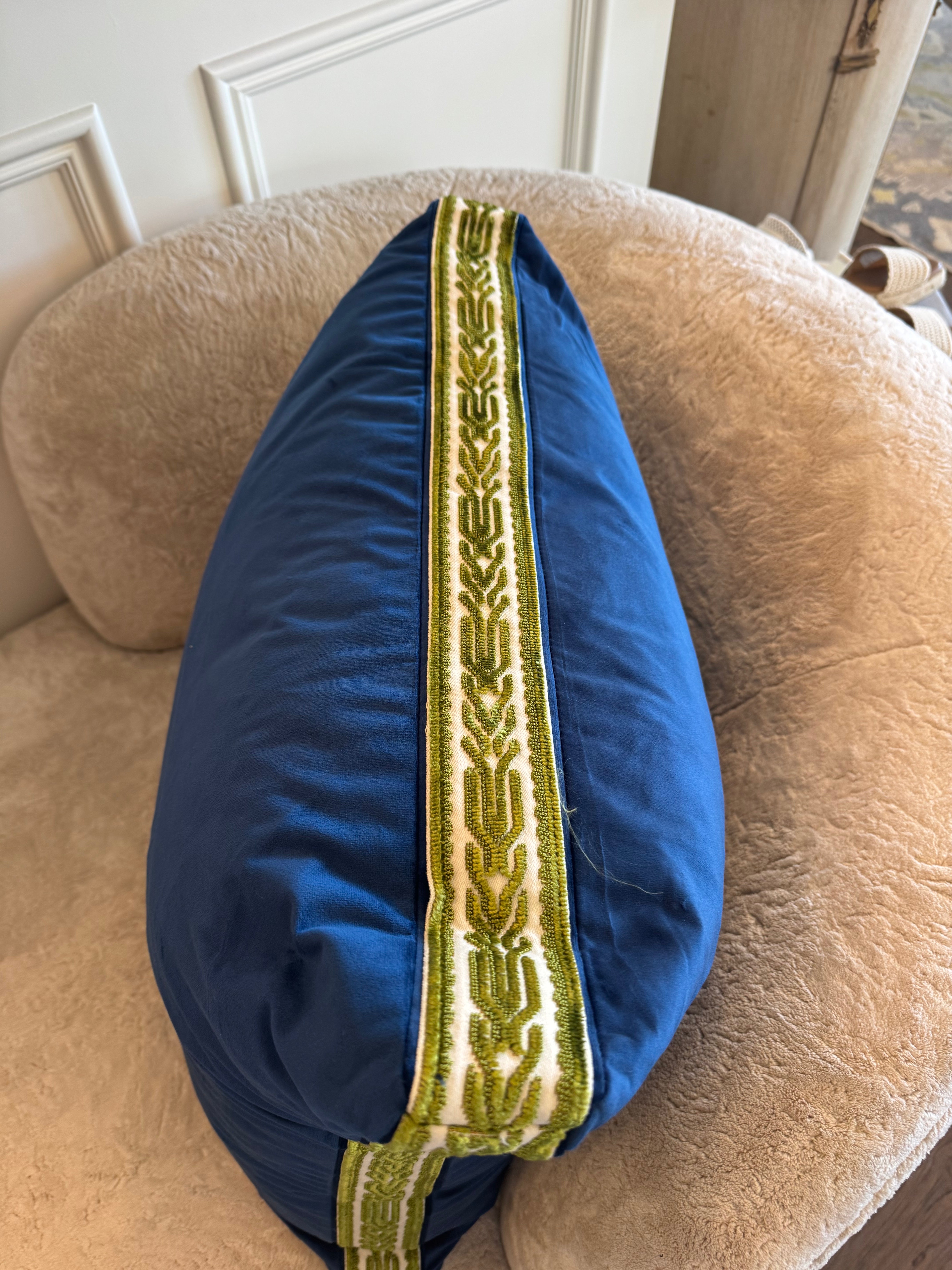 Navy Velvet Pillow with Green Embroidery