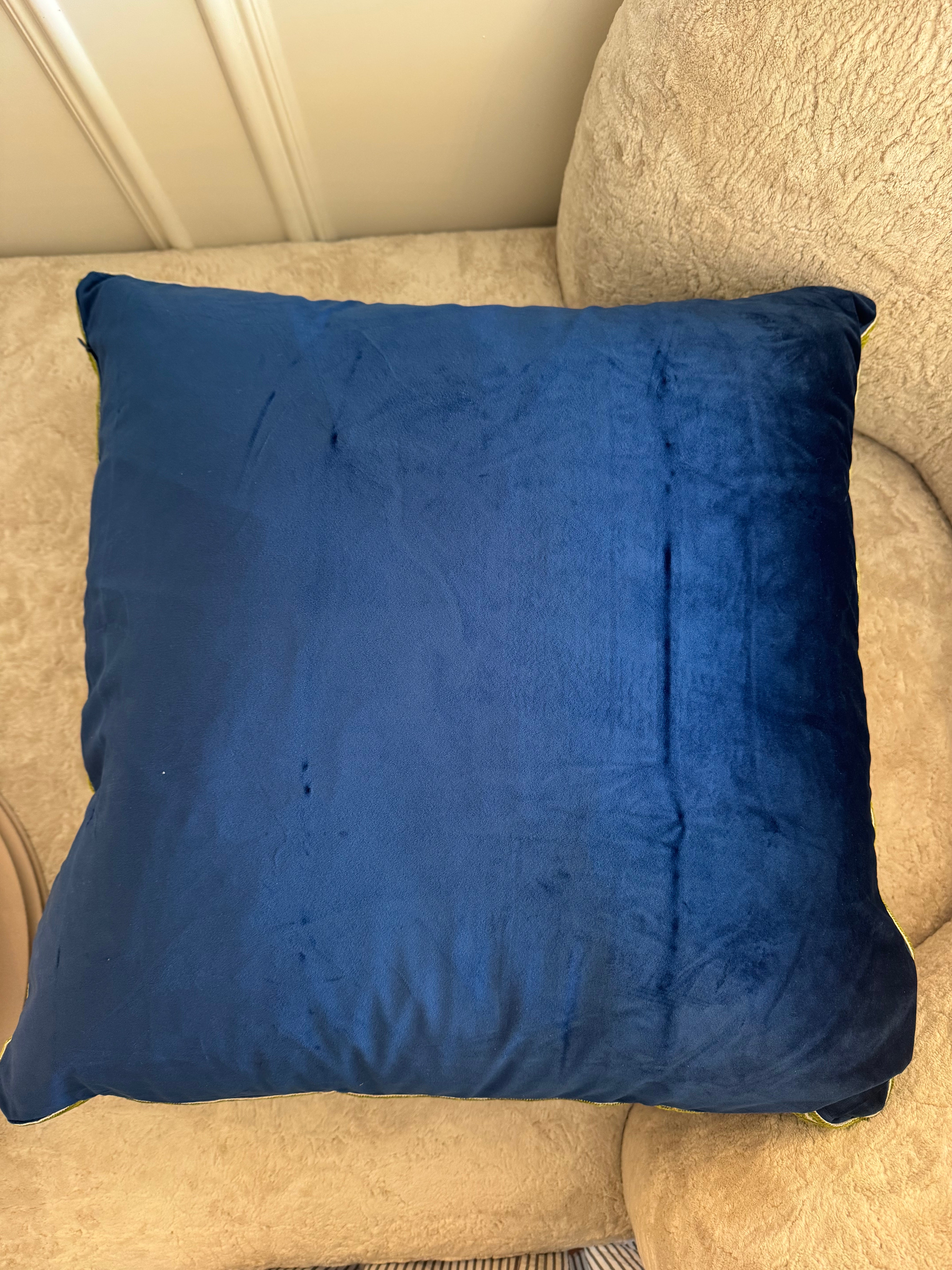 Navy Velvet Pillow with Green Embroidery