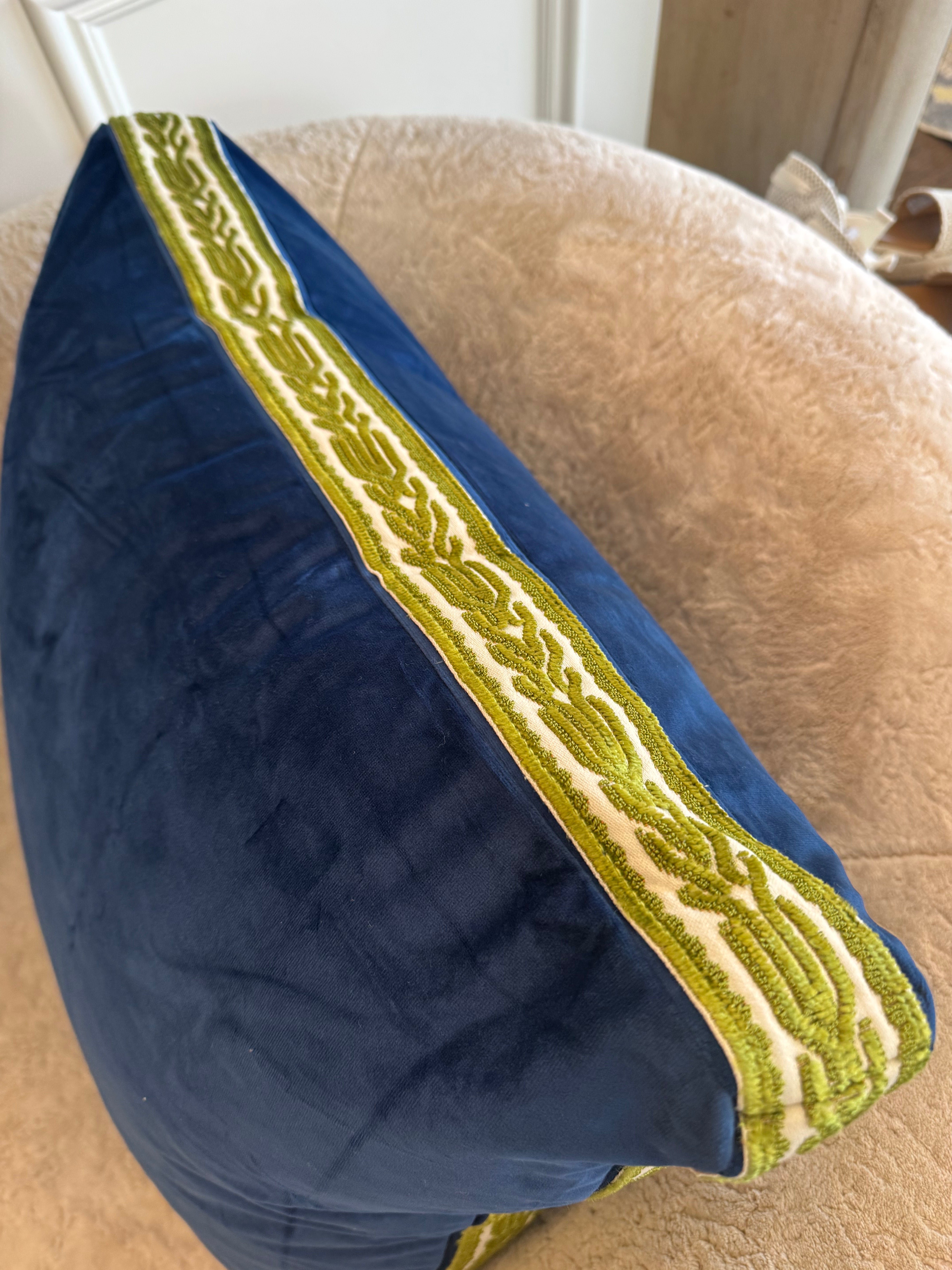 Navy Velvet Pillow with Green Embroidery