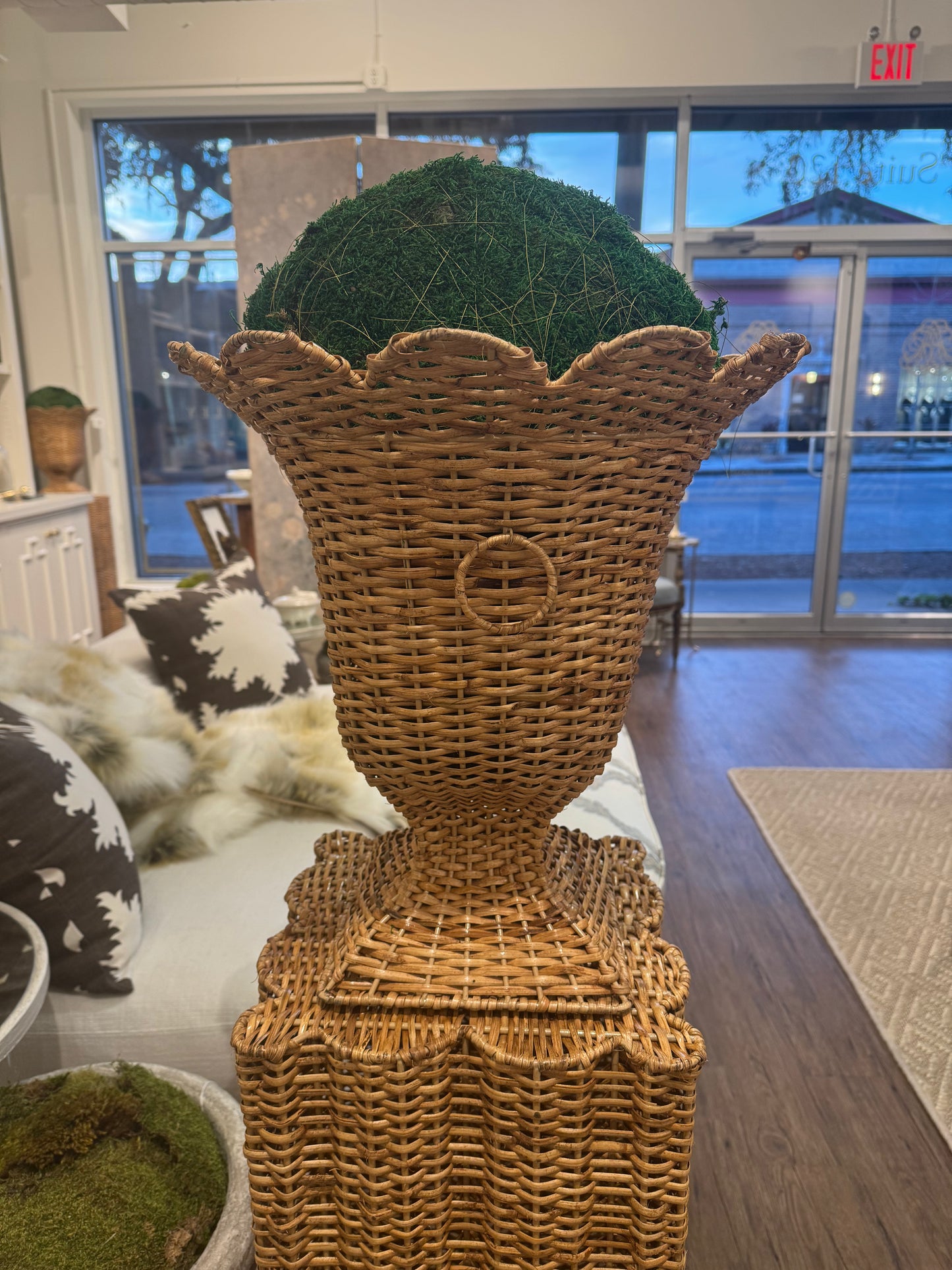 Square Scalloped Wicker Urn and Pedestal