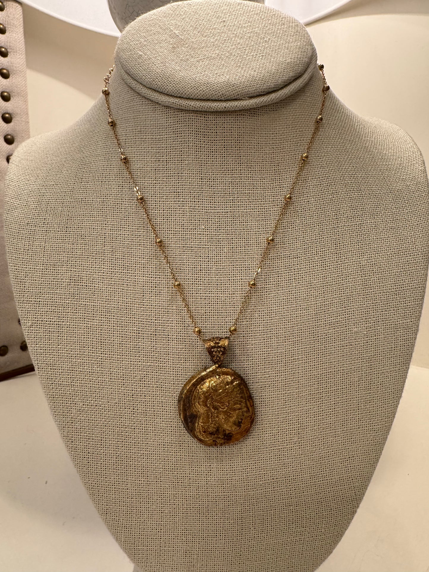 Beaded Chain with Greek Coin Pendant