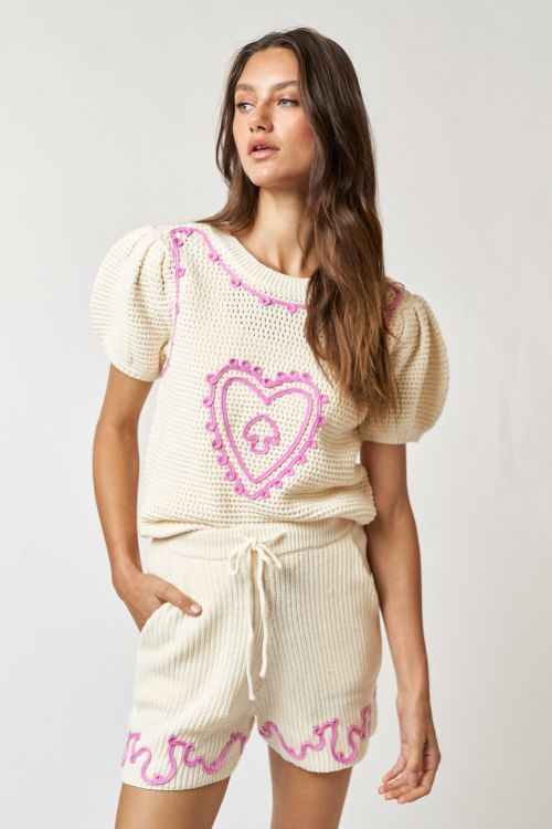 Short Puff Sleeve Embroidered Knit Top